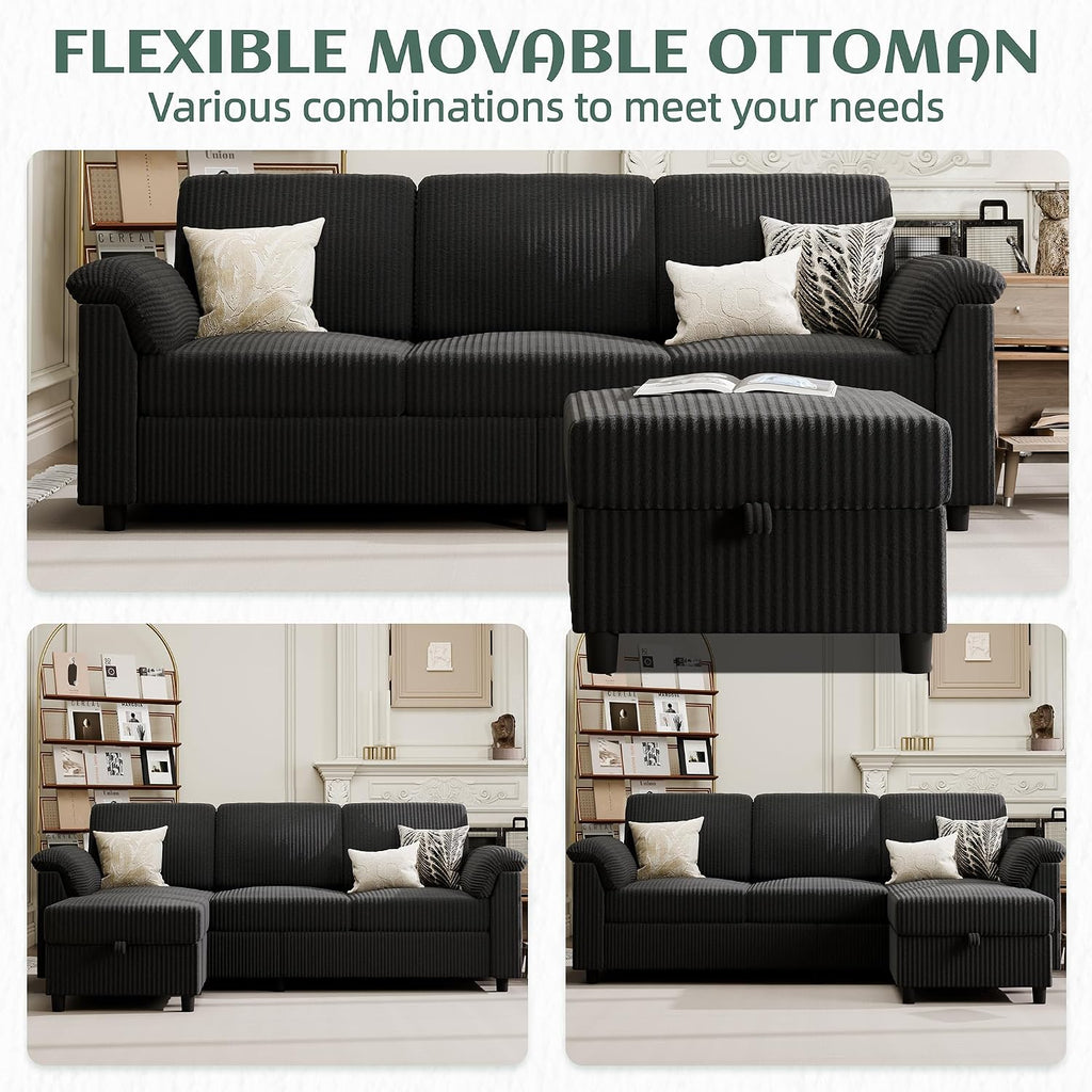 Vongrasig 79' Convertible Sectional Couch Sofa with Storage Ottoman, 3 Seat L Shaped Couch with Side Storage Pockage, Small Couches for Living Room, Apartment and Small Space, Black