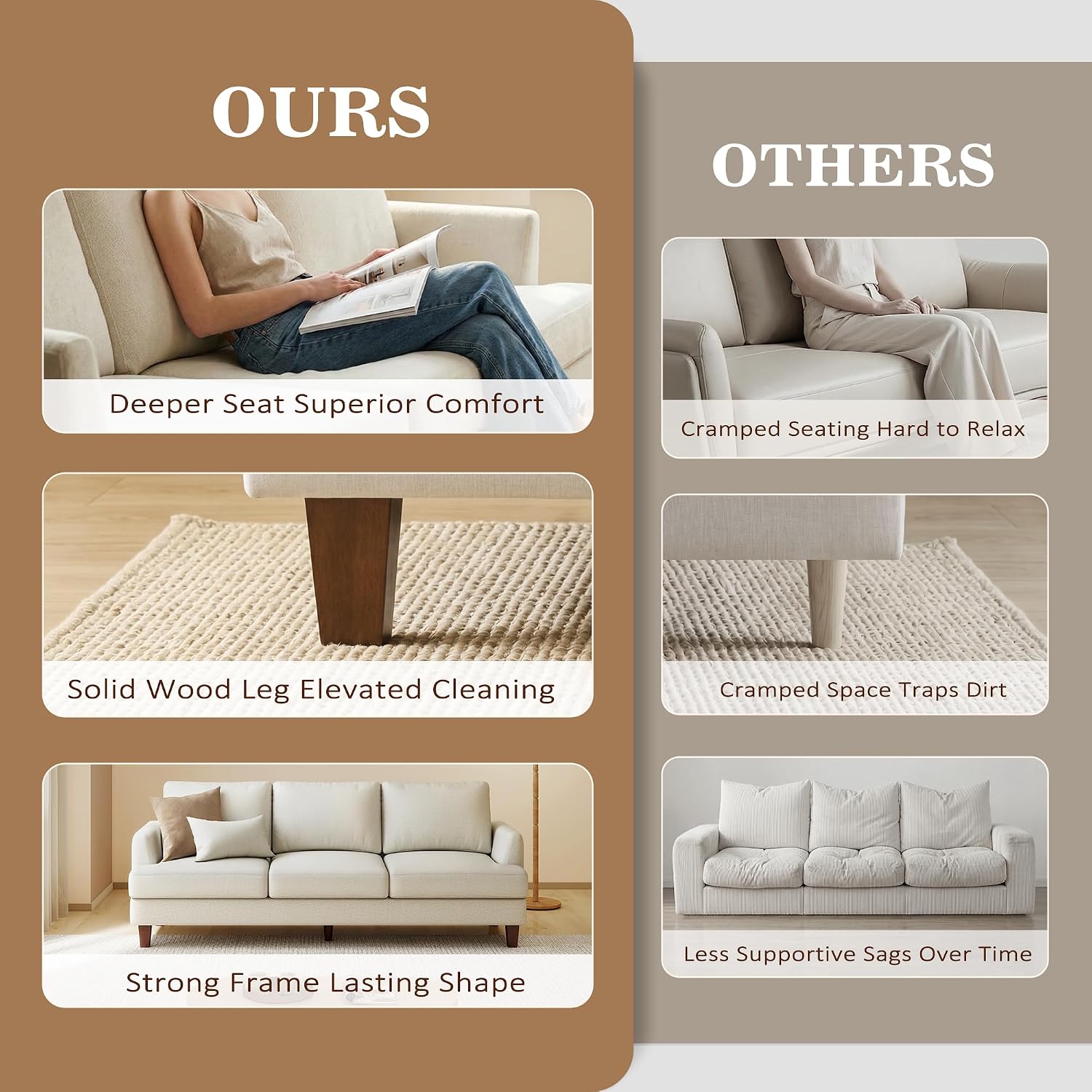 Gericco Mid Century Modern Couches for Living Room, 89' Comfy Couch Sofa with 3-Seater Deep Seats, Upholstered Sofas for Living Room, Office Apartment, Bedroom, Beige