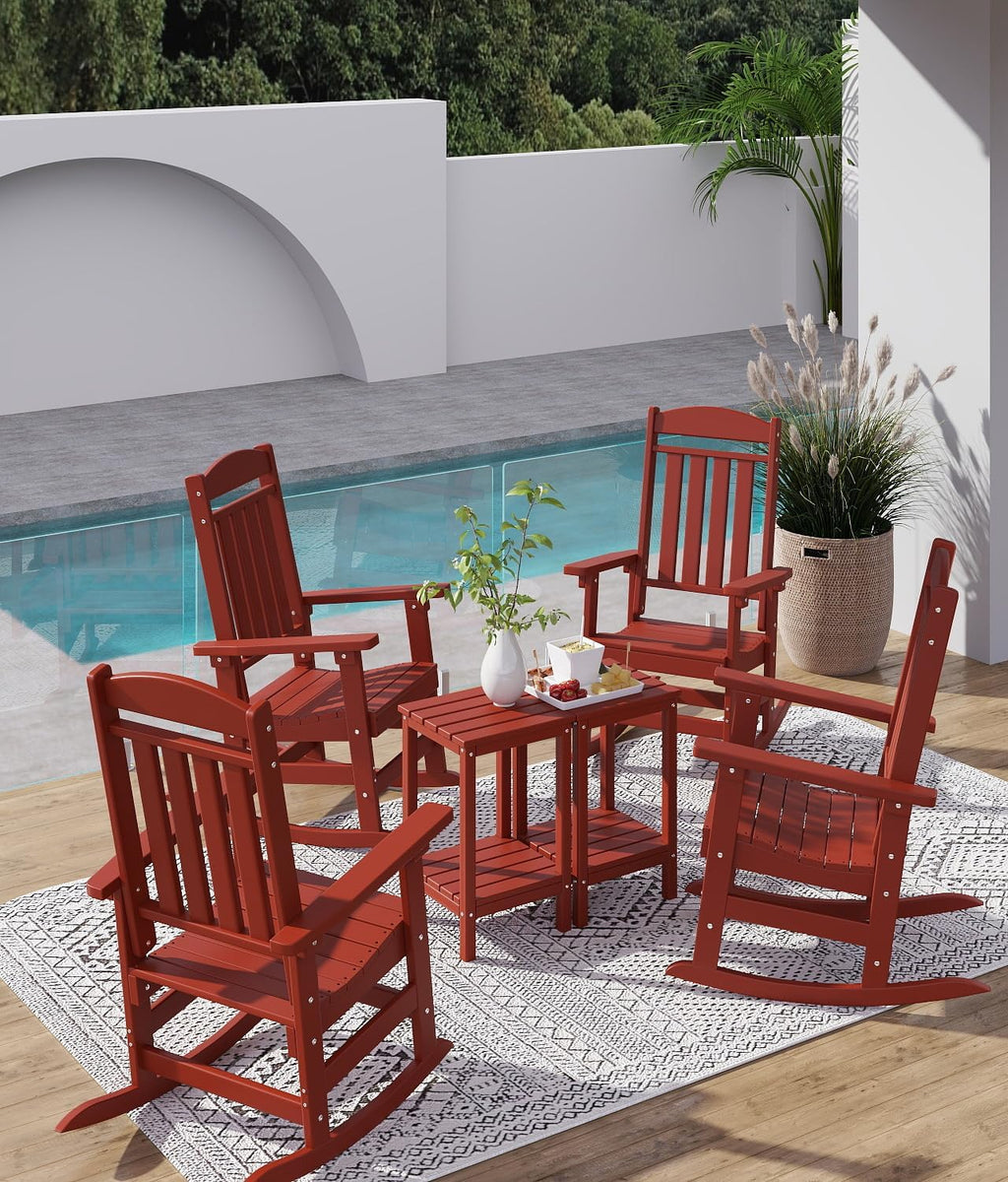 FOOWIN Outdoor Rocking Chair Set of 2, High Back Patio Rocking Chair, HDPE All Weather Resistant Porch Rocker for Adult, Oversized Rocking Chairs for Garden, Lawn, Indoor & Outdoor Use, Dark Red
