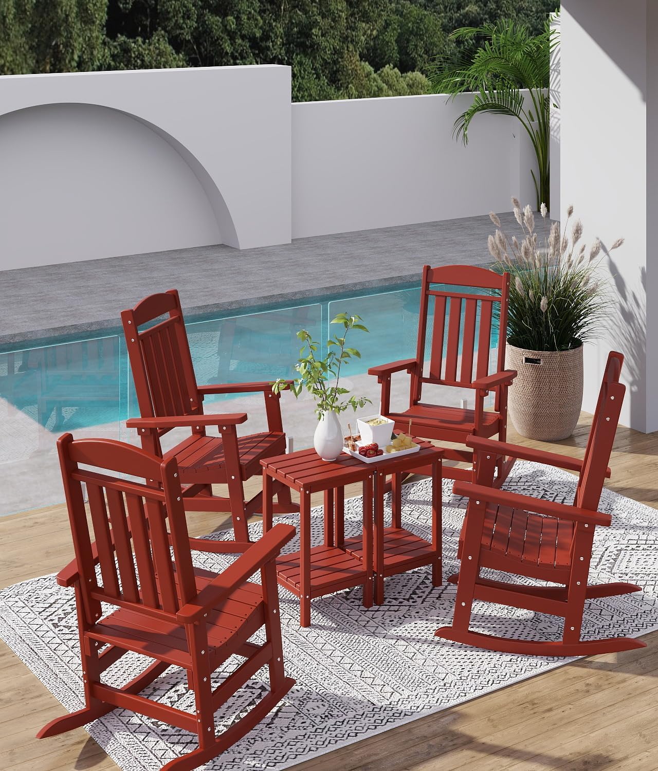 FOOWIN Outdoor Rocking Chair Set of 2, High Back Patio Rocking Chair, HDPE All Weather Resistant Porch Rocker for Adult, Oversized Rocking Chairs for Garden, Lawn, Indoor & Outdoor Use, Dark Red