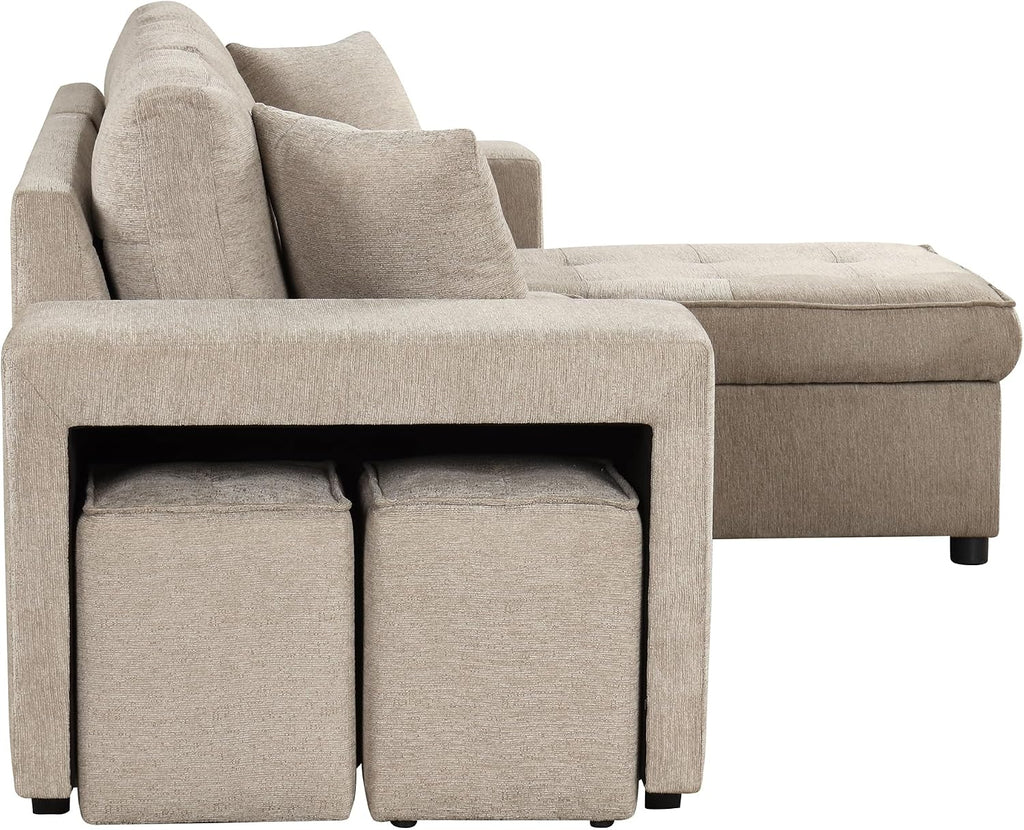 104.5 inch Reversible Sleeper Sectional Sofa with Pull Out Bed , Convertible L Shaped Sectional Couch with Storage Chaise and 2 Stools , Tufted Upholstered Pullout Sofa Bed for Living Room Apartment