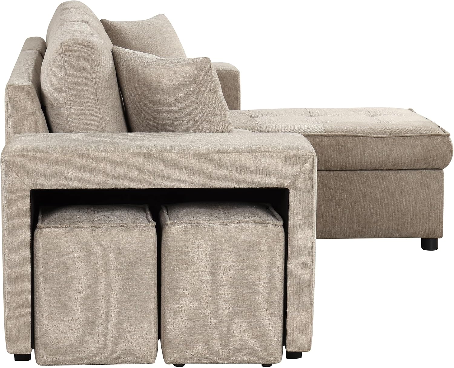 104.5 inch Reversible Sleeper Sectional Sofa with Pull Out Bed , Convertible L Shaped Sectional Couch with Storage Chaise and 2 Stools , Tufted Upholstered Pullout Sofa Bed for Living Room Apartment