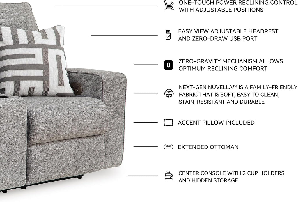 Signature Design by Ashley Biscoe Casual UV Resistant Power Reclining Loveseat with Console, Adjustable Headrest and USB Ports, Light Gray