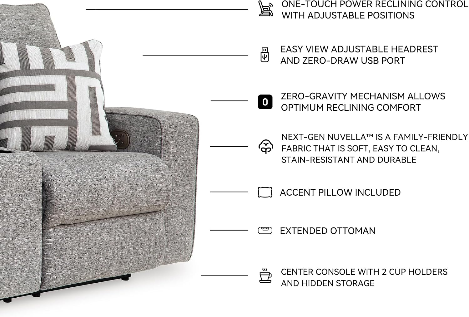 Signature Design by Ashley Biscoe Casual UV Resistant Power Reclining Loveseat with Console, Adjustable Headrest and USB Ports, Light Gray