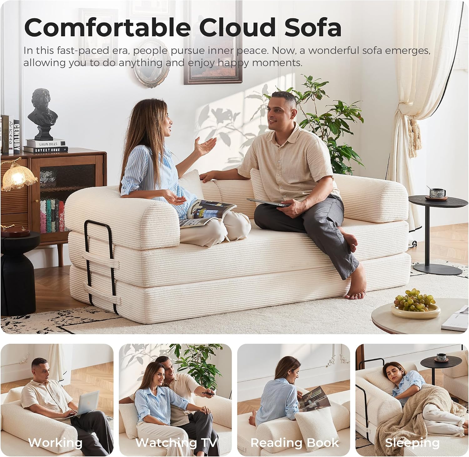 79' Convertible Sofa Bed No Assembly, 5-in-1 Sleeper with Fixed Frame & Corduroy Cloud Cushion, Foldable Futon Couch for Small Apartment, Guest Room, Office (Beige White)
