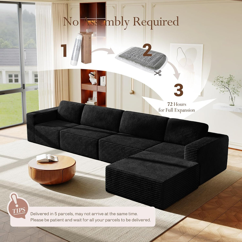 Vesgantti 159' Large Modular Sectional Sofa, L-Shaped Corduroy Cloud Couch with Deep Seats & Spring Support, 4-Seater Boneless Sofa with Movable Ottoman, No Assembly Needed, Black