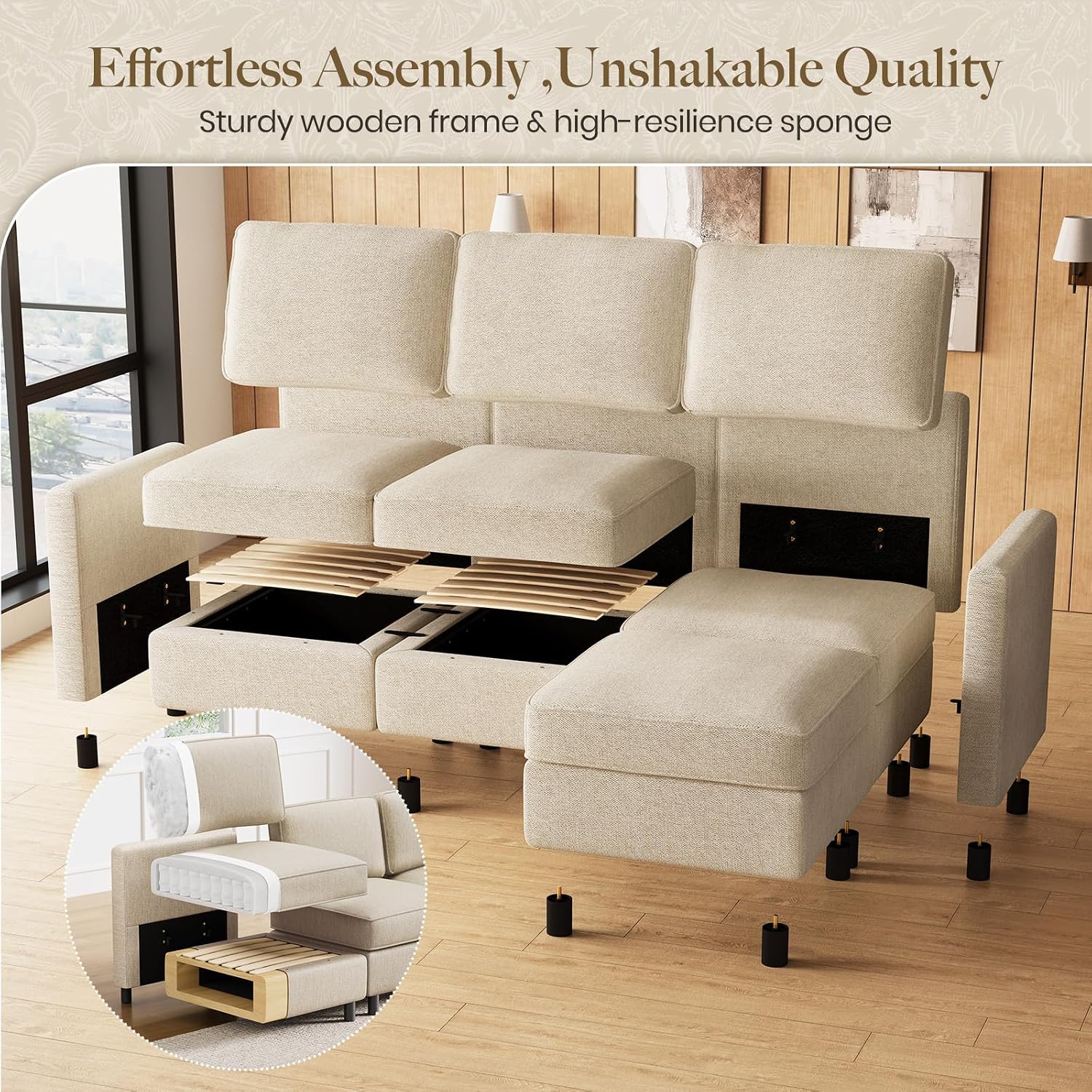 Belffin 84.3' 4 Seats L Shaped Couch Modular Sectional Sofa Washable Sectional Couches for Living Room Comfy Couches with Storage Seat Couch Sofas with Chaise,Beige