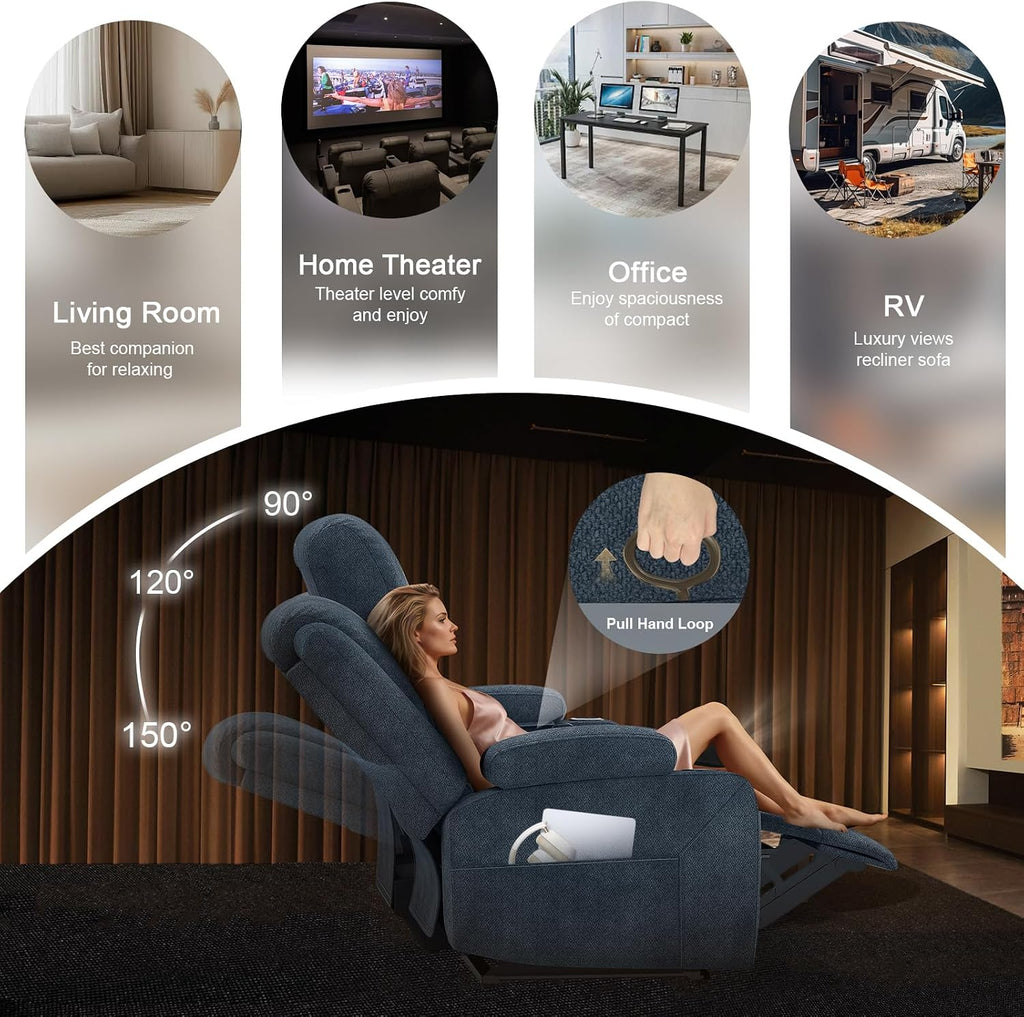 Recliner Sofa 3 Seater Sofa with Recliner, Home Theater Seating with Liftable Console & Removable Armrest, Manual PU Leather Reclining Couch with Cup Holders & USB for Living Room/RV (Fabric,Blue)