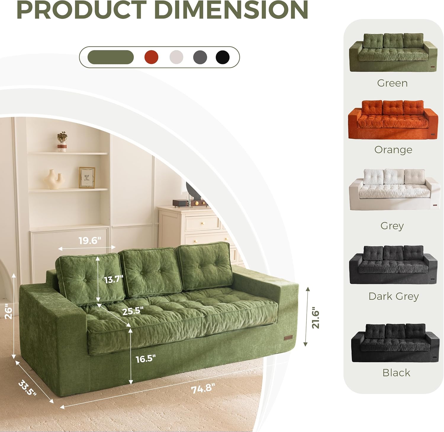 MAXYOYO Boneless Sofa Couch, 75' Oversized Loveseat Sofa, Tufted Floor Couch Bean Bag Chair for Living Room Bedroom Apartment, Sofa in a Box, No Assembly Needed, Green