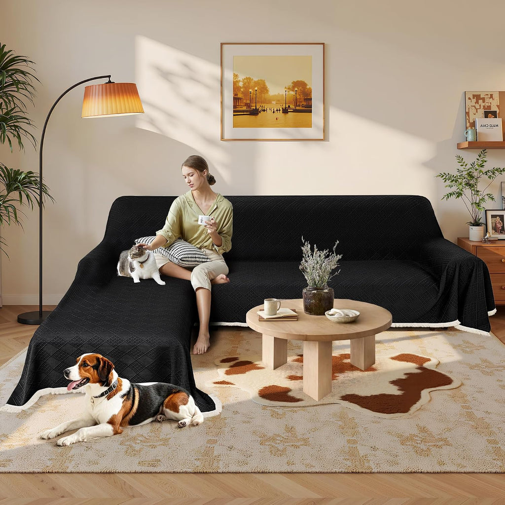 Waterproof L Shaped Sectional Couch Covers Blanket 2 Piece Sectional Sofa Cover Washable L Shape Sofa Slipcover Jacquard Quilted Furniture Protector for Dogs Pets Cats (XX-Large, Black)