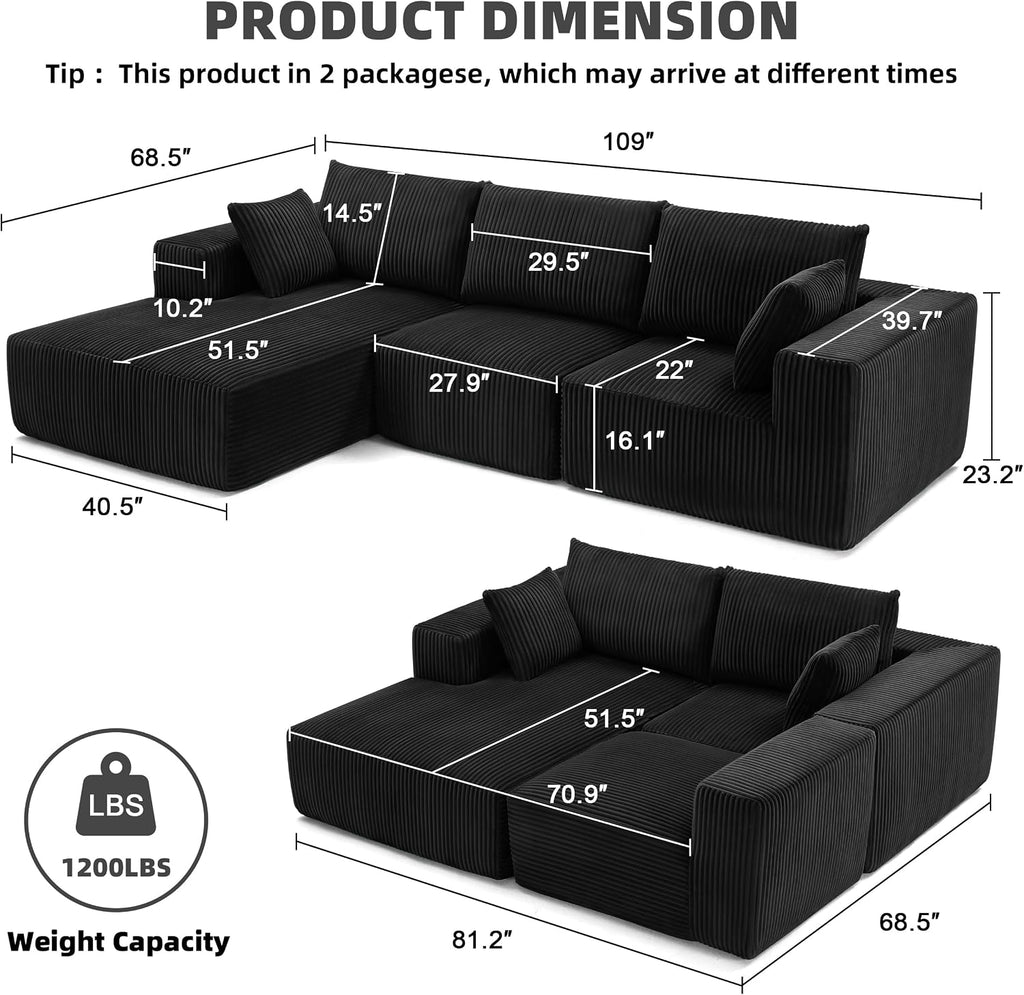 108' Modular Sectional Sofa, Cloud Sectional Couch with Deep Seat, Upholstered Boneless Couches for Living Room Bedroom, Modern Modular L-Shape Sofa Couch with Chaise (Left Facing Chaise, Black)