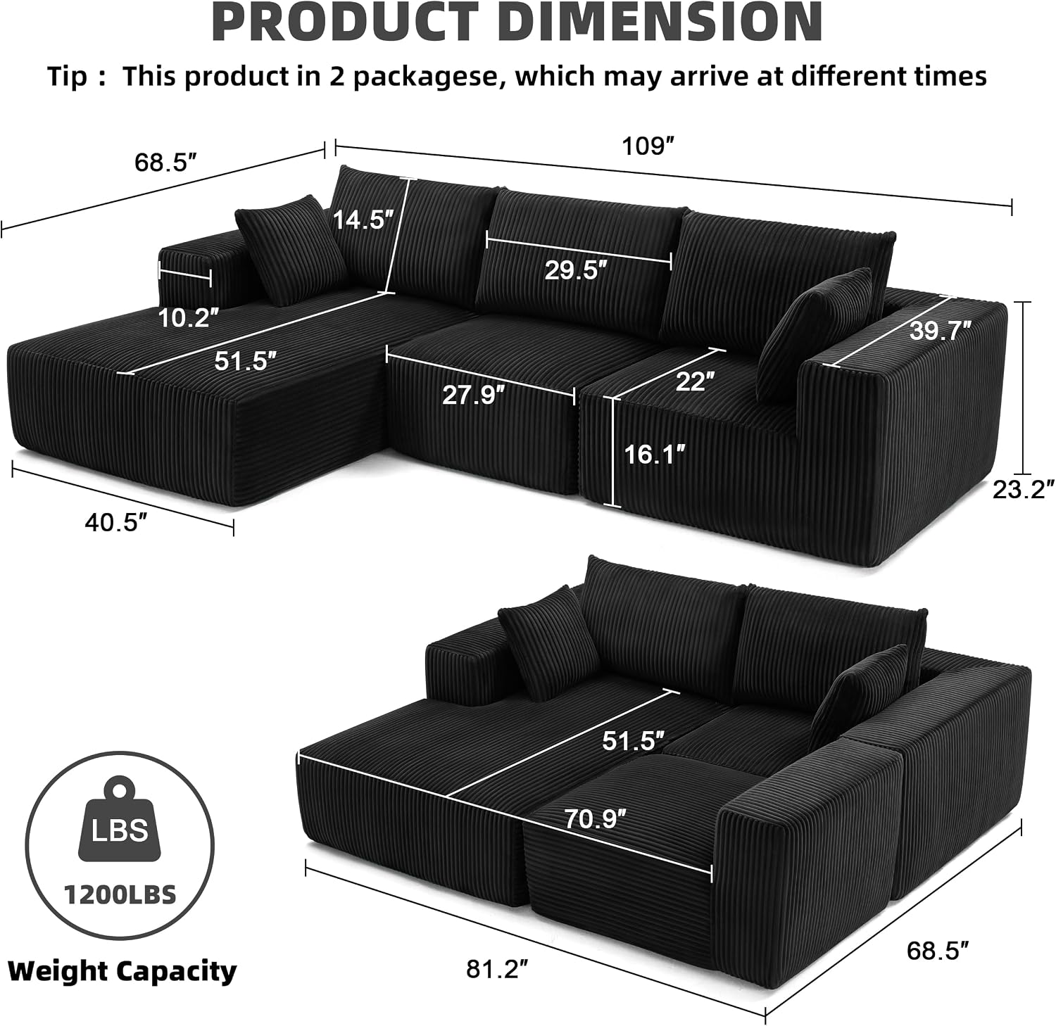 108' Modular Sectional Sofa, Cloud Sectional Couch with Deep Seat, Upholstered Boneless Couches for Living Room Bedroom, Modern Modular L-Shape Sofa Couch with Chaise (Left Facing Chaise, Black)