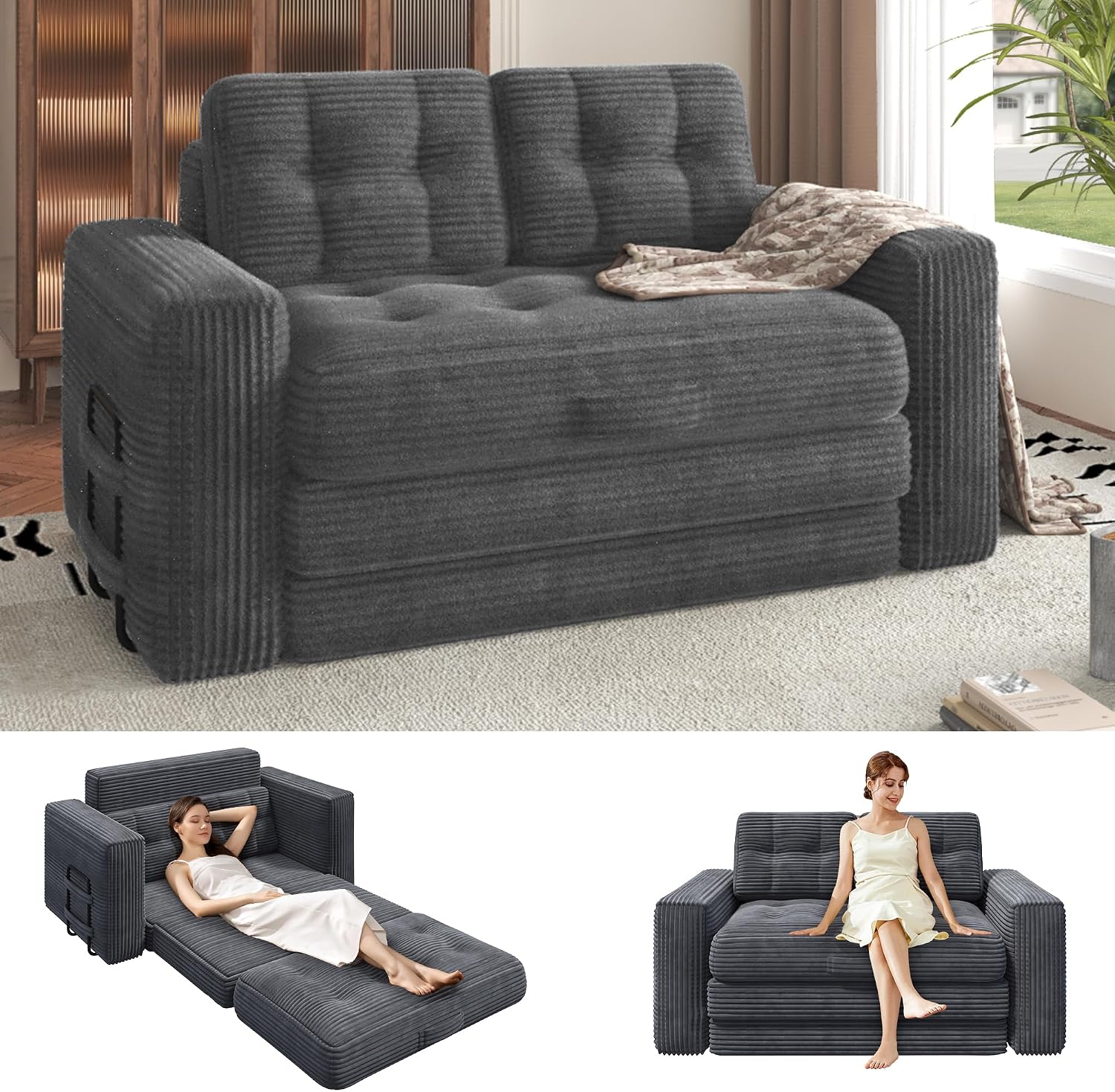 Convertible Sofa Bed, 2 in 1 Boneless Couch Bed with 2 Pillows, Corduroy Pull out Couch Folding Sofa Bed with Deep Seat, Small Loveseat Sleeper Sofa Bed in a Box for Small Spaces, No Assembly Required