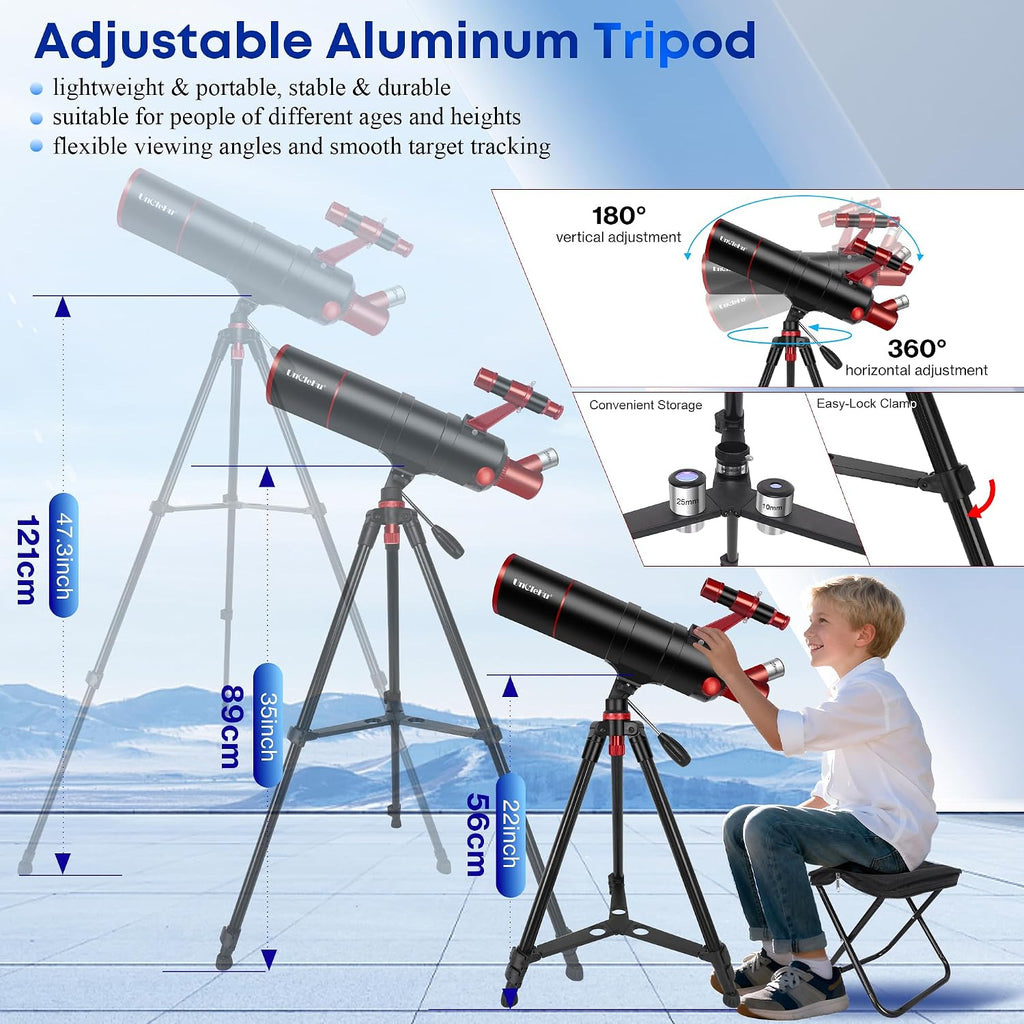 Telescope for Adults High Powered, 90mm Aperture 550mm Professional Telescope for Kids&Beginners with Folding Stool&Tripod&Phone Adapter&Carrying Bag, Portable Travel Refractor Astronomical Telescopes