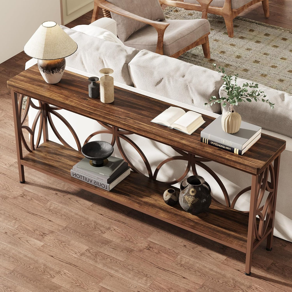 Tribesigns 70.9-Inch Narrow Sofa Table, Industrial Long Sofa Table Behind Couch, Entry Console Table with Storage for Entryway, Living Room, Foyer, Unique Design, Brown Glossy