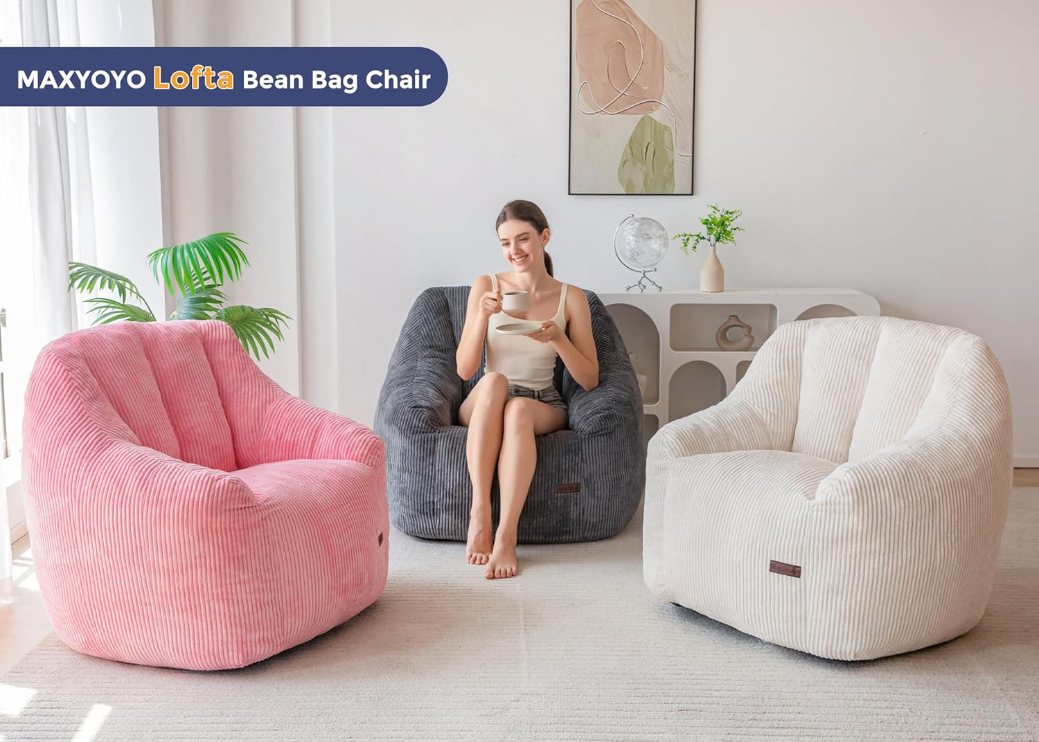 MAXYOYO Bean Bag Chair, Bean Bag Sofa with Filler, Cozy Living Room Chair for Adults and Kids, Stuffed Floor Sofa for Bedroom Dorm Reading, Beige