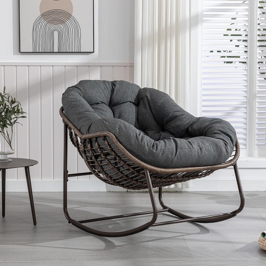 Rattan Outdoor Rocking Chair, Wicker Patio Egg Rocking Chair with Detachable Cushion, Indoor Papasan Chair for Living Room, Garden, Patio, Gray