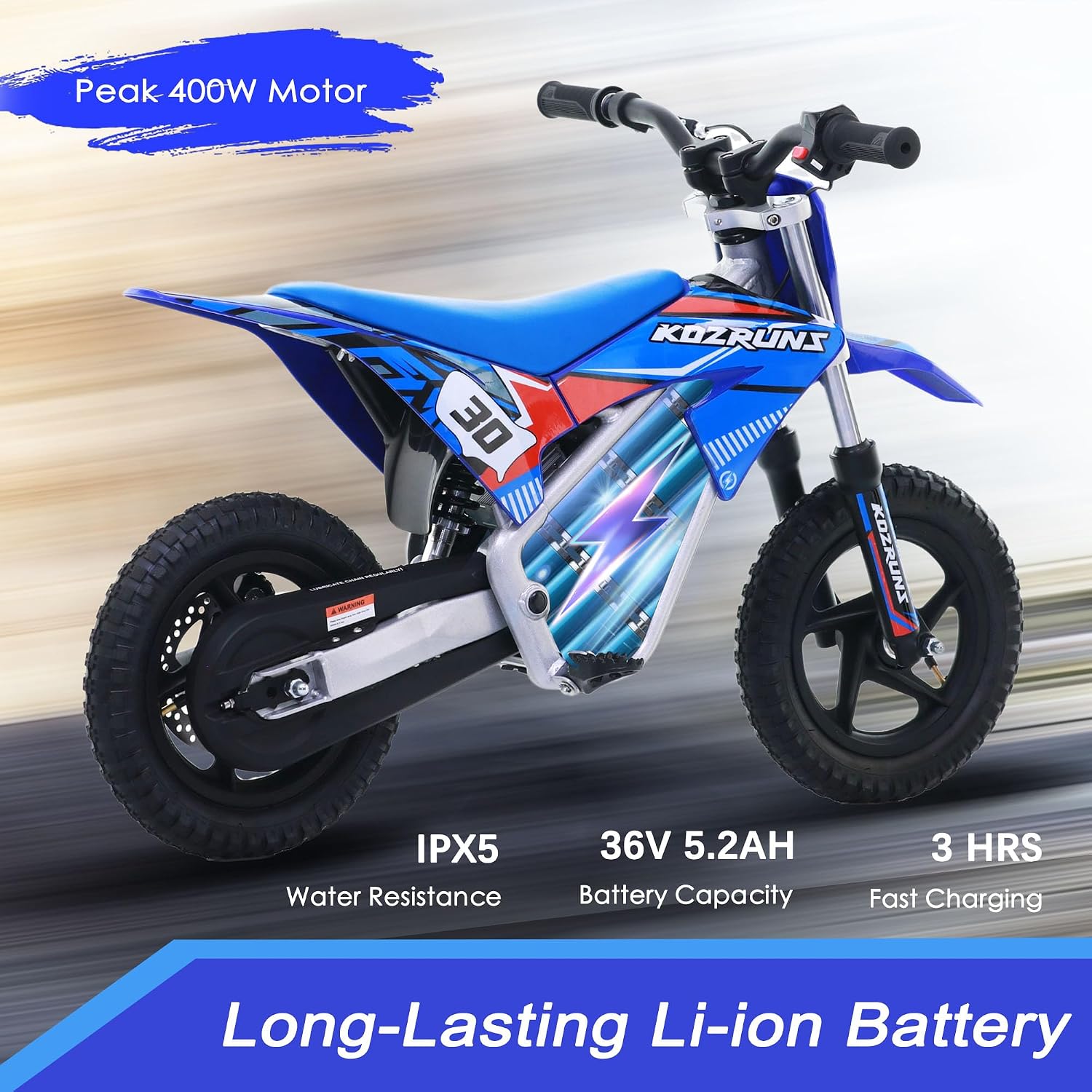 OLALA 36V Electric Dirt Bike for Kids 3-6, 250W Brushless Motor with 3-Speed Control, 15.5 MPH Max Speed, 12' Off-Road Tires Motorcycle, for Boys & Girls, Blue