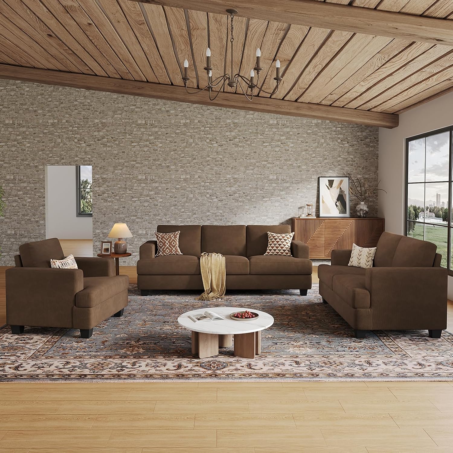 COPIAE 89 Inch Sofa with Extra Deep Seats Oversize, 3 Seater Sofa for Living Room, Modern Couch and Sofa, Comfy Armrests and Seats and Backrests, Easy Installation, Corduroy Fabric Brown