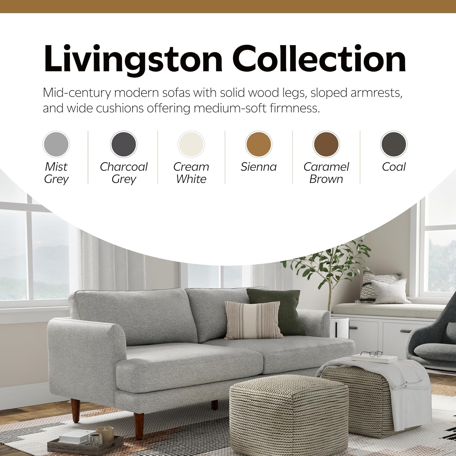 SIMPLIHOME Livingston 76' Wide x 33' High Sofa in Mist Grey Woven-Blend Fabric, Handcrafted Loveseat Couch for Living Room or Family Room, Mid-Century Modern Style, Solid Wood Frame