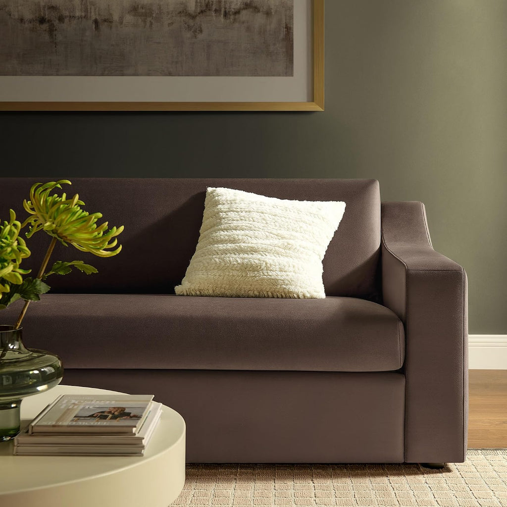 Modway Liora 87 Inch Stain-Resistant Performance Velvet Sofa in Chocolate Brown - 3 Seater Upholstered Sofa Couch for Living Room Seating - Comfy Deep Seat Sofa with Scoop Arms