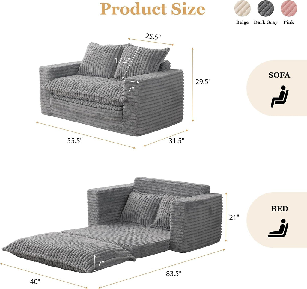 YOSHOOT Loveseat Sleeper Sofa, Convertible Sofa Bed Couch Futon Couches for Living Room, 3-in-1 Pull Out Floor Couch with Cushion and Pillows, Dark Grey