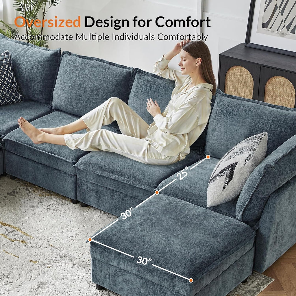 HULALA HOME 127'' Modular Sectional Sofa, Oversized U Shaped Couch with Storage Ottoman, Comfy Chenille Sofa with Deep Seat, 6 Seat Convertible Couches for Living Room, Blue