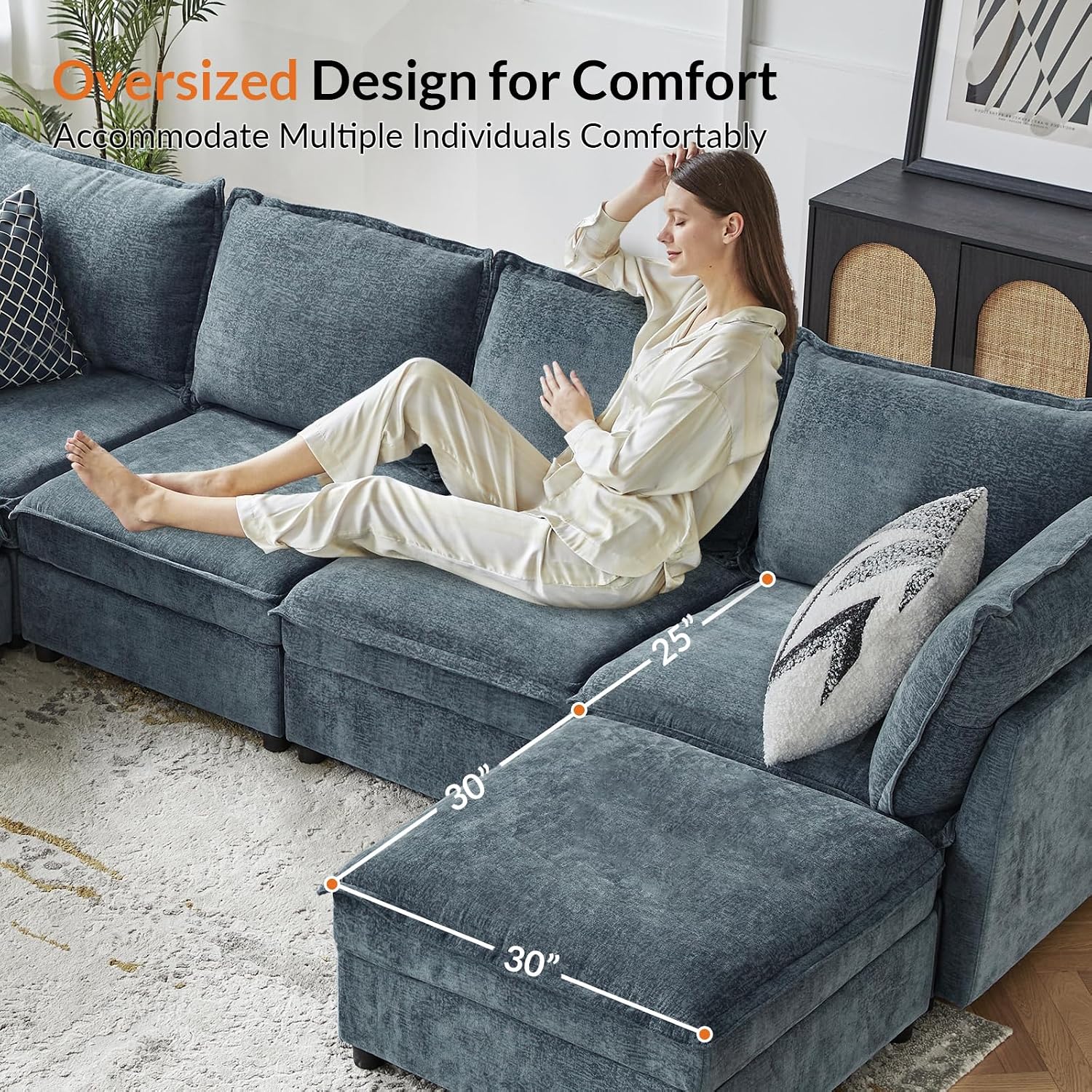 HULALA HOME 127'' Modular Sectional Sofa, Oversized U Shaped Couch with Storage Ottoman, Comfy Chenille Sofa with Deep Seat, 6 Seat Convertible Couches for Living Room, Blue