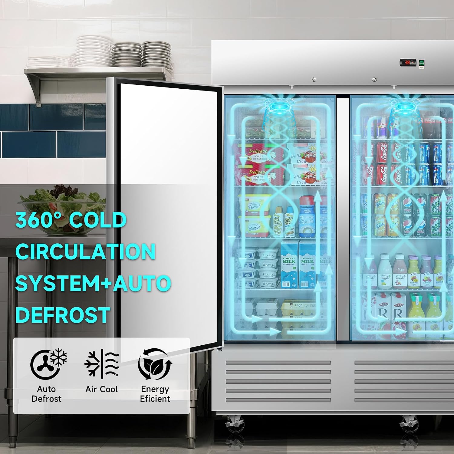 DeepTide 81' W Commercial Upright Refrigerator with Three-Door: 68 Cubic Feet Storage, Adjustable Shelving, Automatic Defrosting, Precision Digital Thermostat, LED Lights, Safety Locks