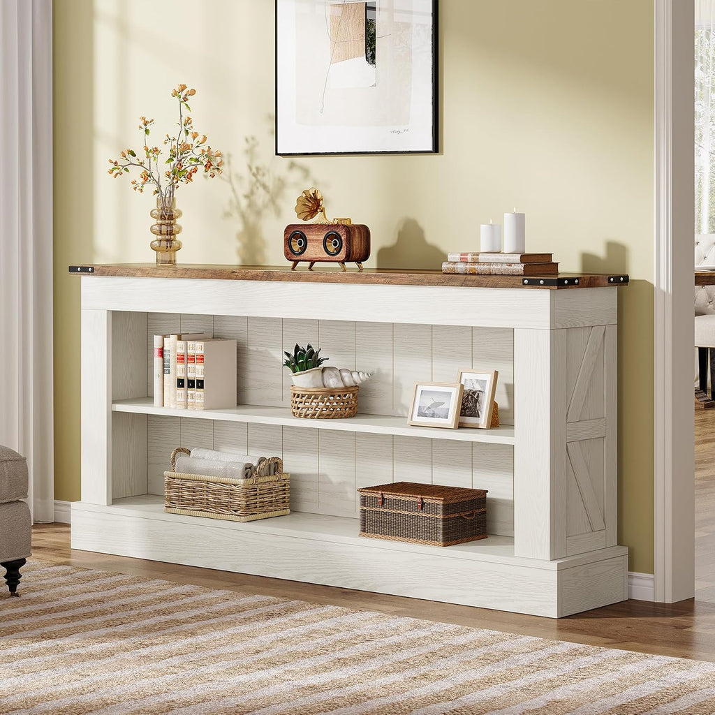 Tribesigns 63-Inch Long Console Table for Entryway, Narrow Long Entry Table with Shelves for Living Room, Farmhouse Sofa Console Behind Couch, for Foyer, Hallway, White and Brown