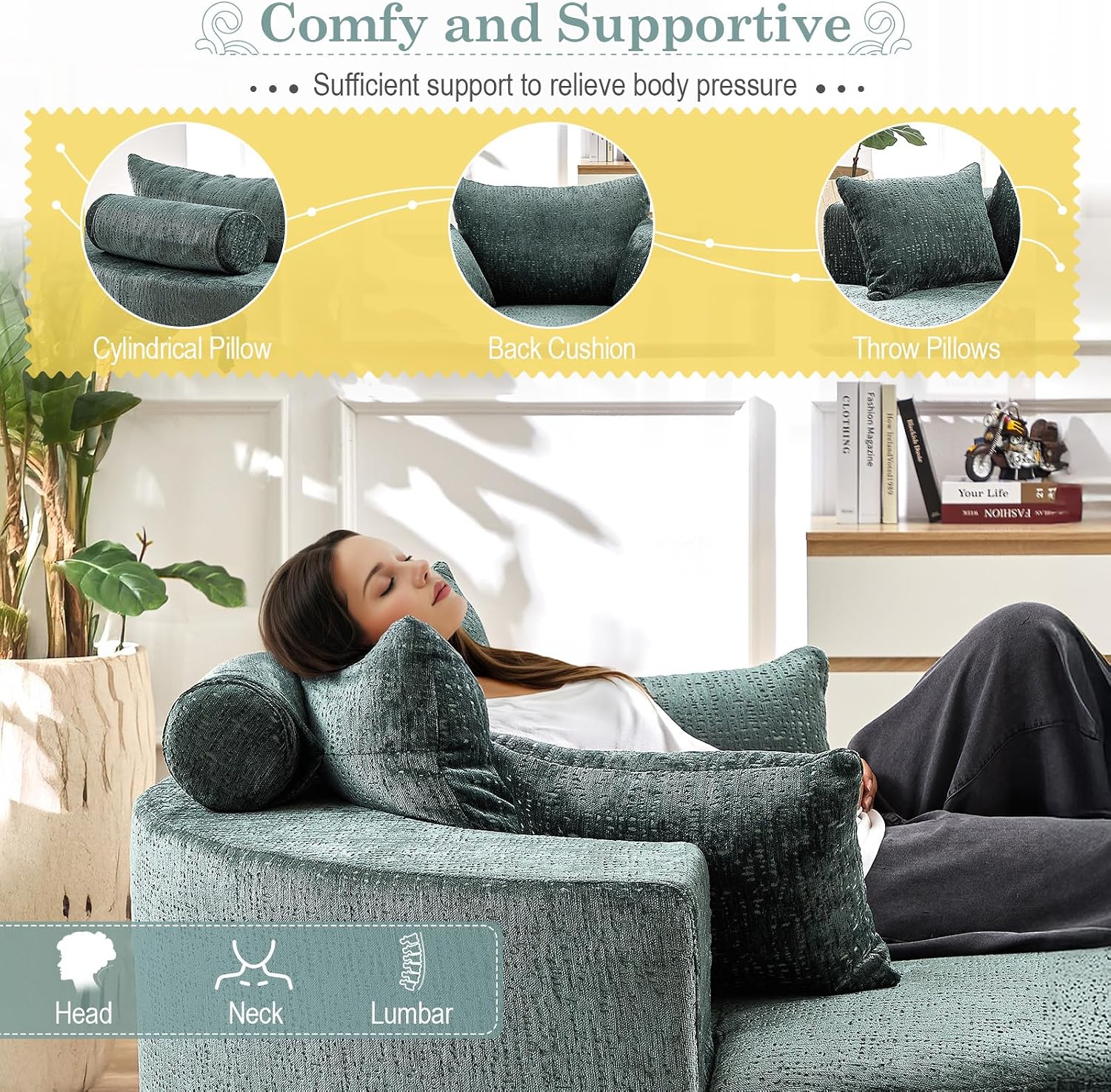 Oversized Round Chaise Longue Chair Indoor, Modern 55-inch Upholstered Chenille Deep Seat Circle Single Cloud Lounge Floor Sofa Chair for Living Room, Bedroom Apartment, Green
