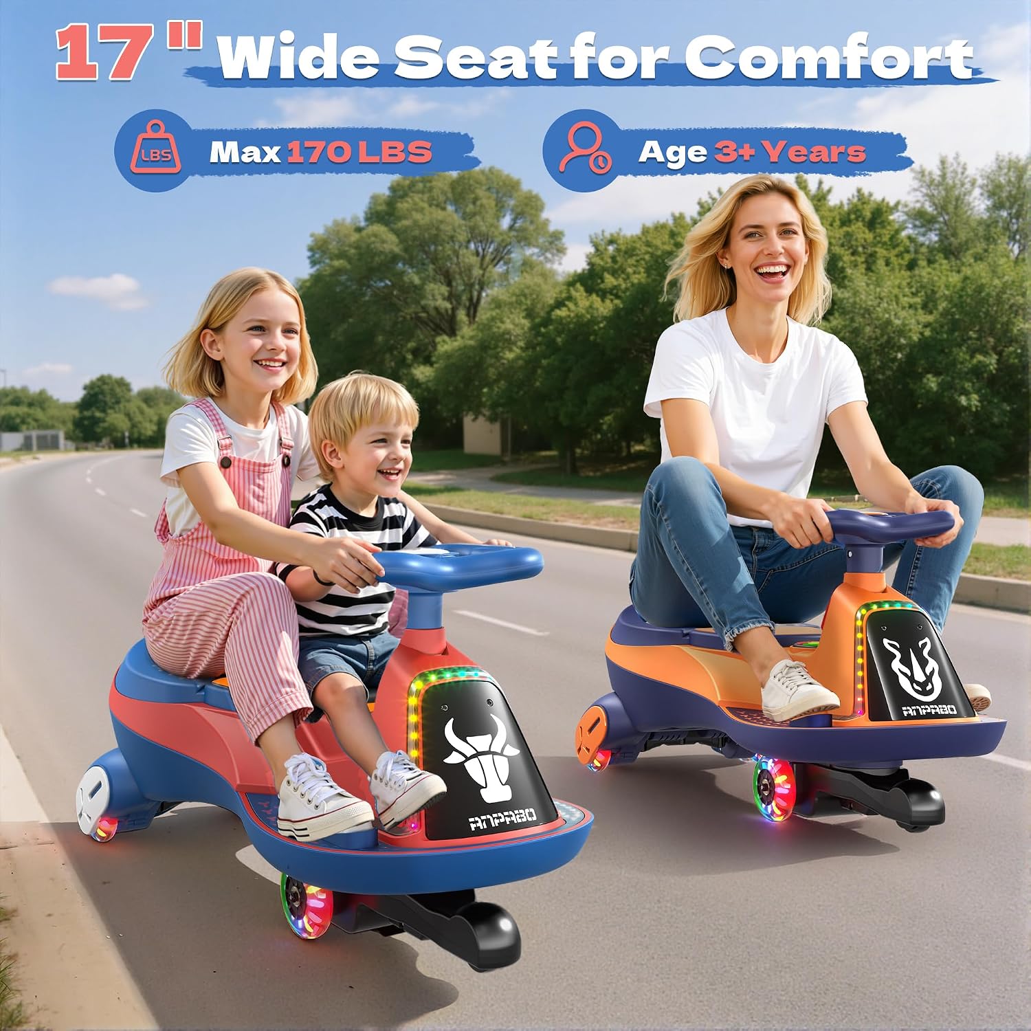 ANPABO 12V Electric Wiggle Car with Pedals, 2 Seater, 2x75W Motor, Music & Bluetooth, Ride On Toy for Kids Ages 3+, 170 Lbs, Blue