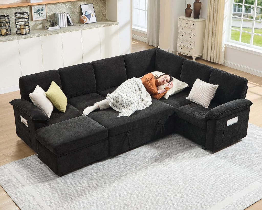 Jocisland 105' Sofa Bed, Sectional Sleeper Sofa with Pull Out Bed/Reclining Backrest, Sleeper Couch Bed with Storage, 6 Seater Couch Bed for Living Room, Chenille Black