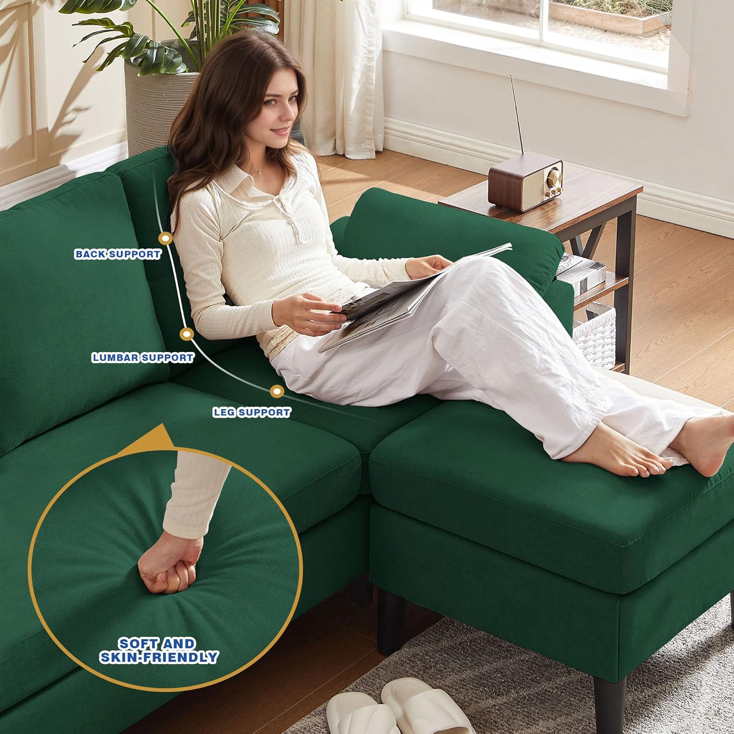 80' Convertible Sectional Sofa, Small L Shaped 3 Seat Couch with Reversible Storage Chaise, Modern Polyester Fabric Sofa Couches for Living Room, Apartment and Small Space, Green