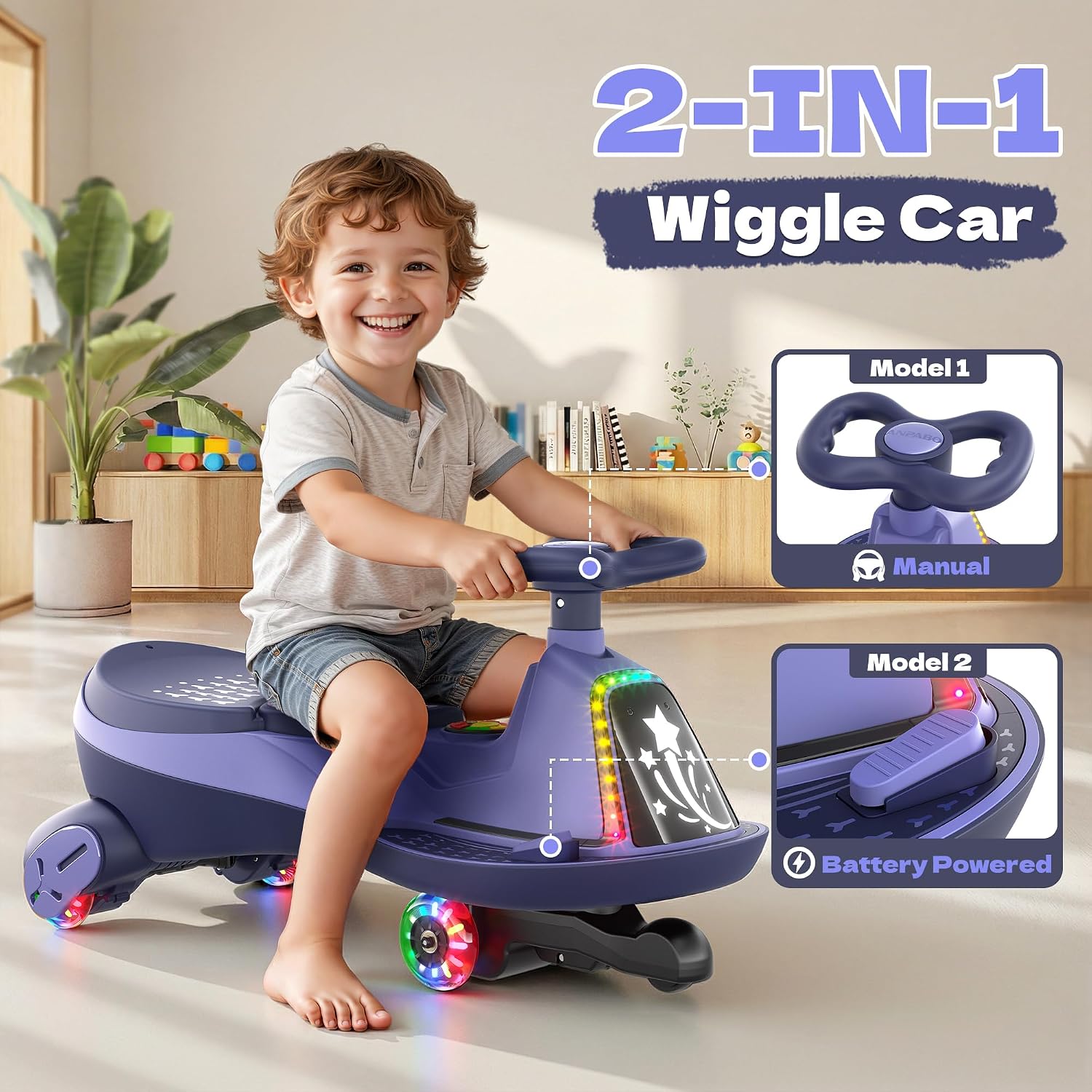ANPABO 12V Electric Wiggle Car with Pedals, 2 Seater, 2x75W Motor, Music & Bluetooth, Ride On Toy for Kids Ages 3+, 170 Lbs, Purple