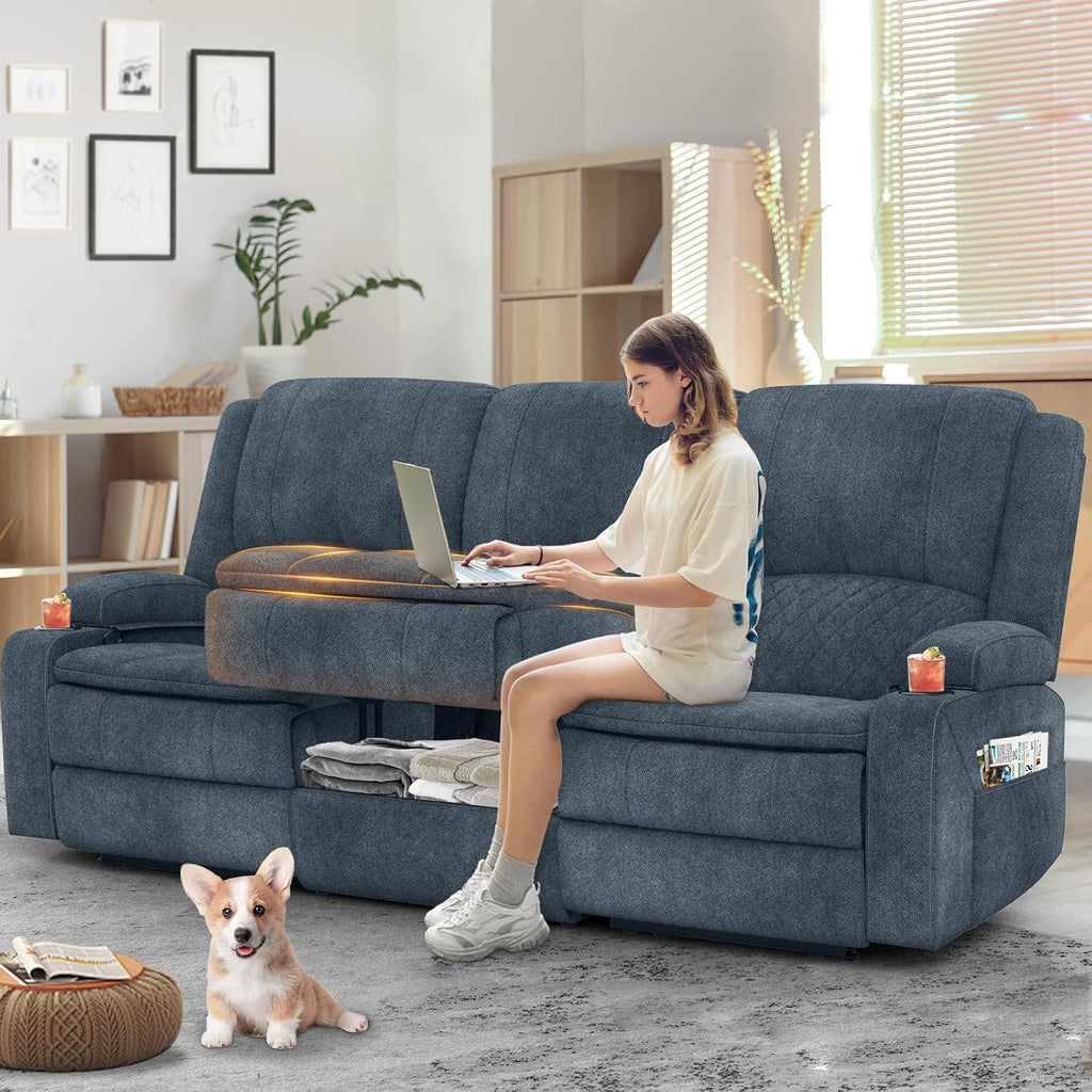Yolsali 3-Seater Recliner Sofa, Manual Reclining Couch with Multi-Functional Middle Seat, Reclining Sofa for Living Room with Hidden Storage Space, Cup Holders, and Removable Console
