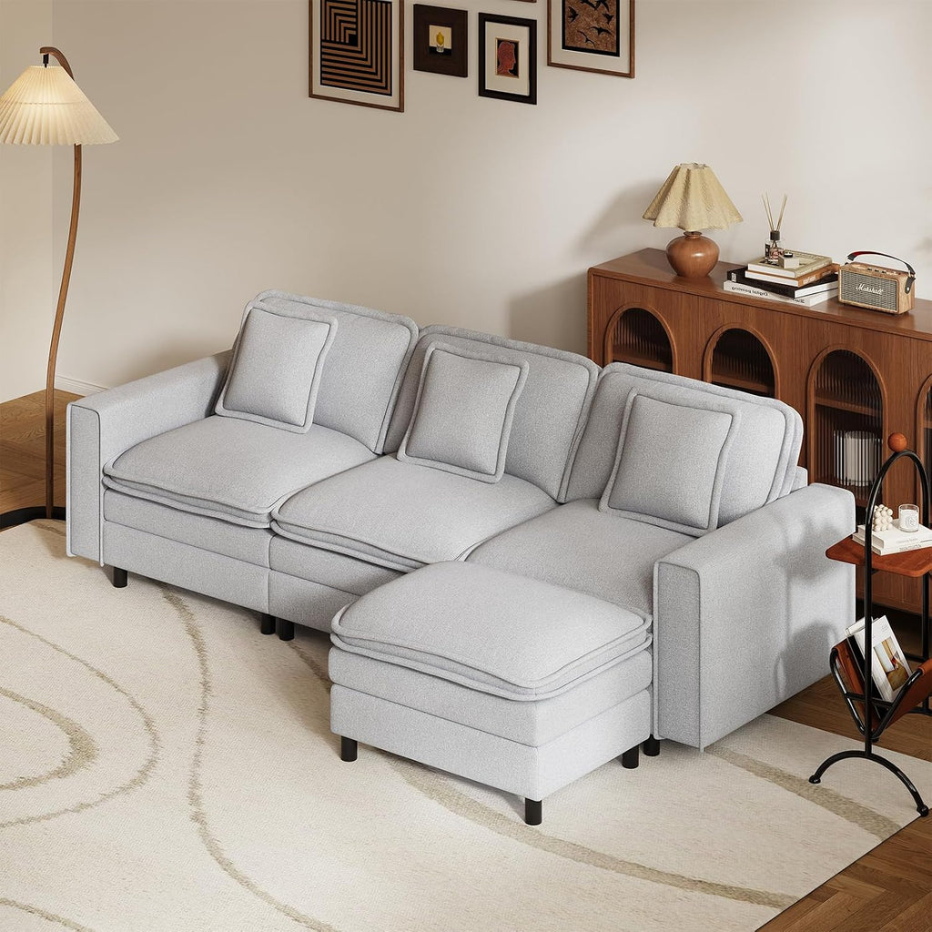 MALOL Modular Sectional Sofa 107', Comfy Cloud Couch with Ottoman, Deep 4-Seat L Shaped Modular Sofa, Couches with Throw Pillows for Living Room, Light Grey