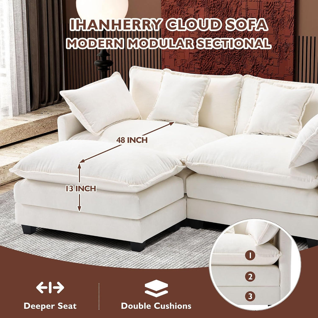 Ihanherry 77' L Shaped Modern Sofa Modular Sectional Cloud Couch with Ottoman, 3-Seat Chenille Deep Seat Sofa with Pillow for Living Room, Bedroom and Apartment, Beige