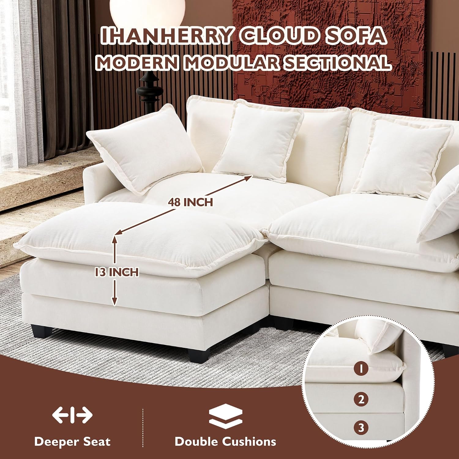 Ihanherry 77' L Shaped Modern Sofa Modular Sectional Cloud Couch with Ottoman, 3-Seat Chenille Deep Seat Sofa with Pillow for Living Room, Bedroom and Apartment, Beige