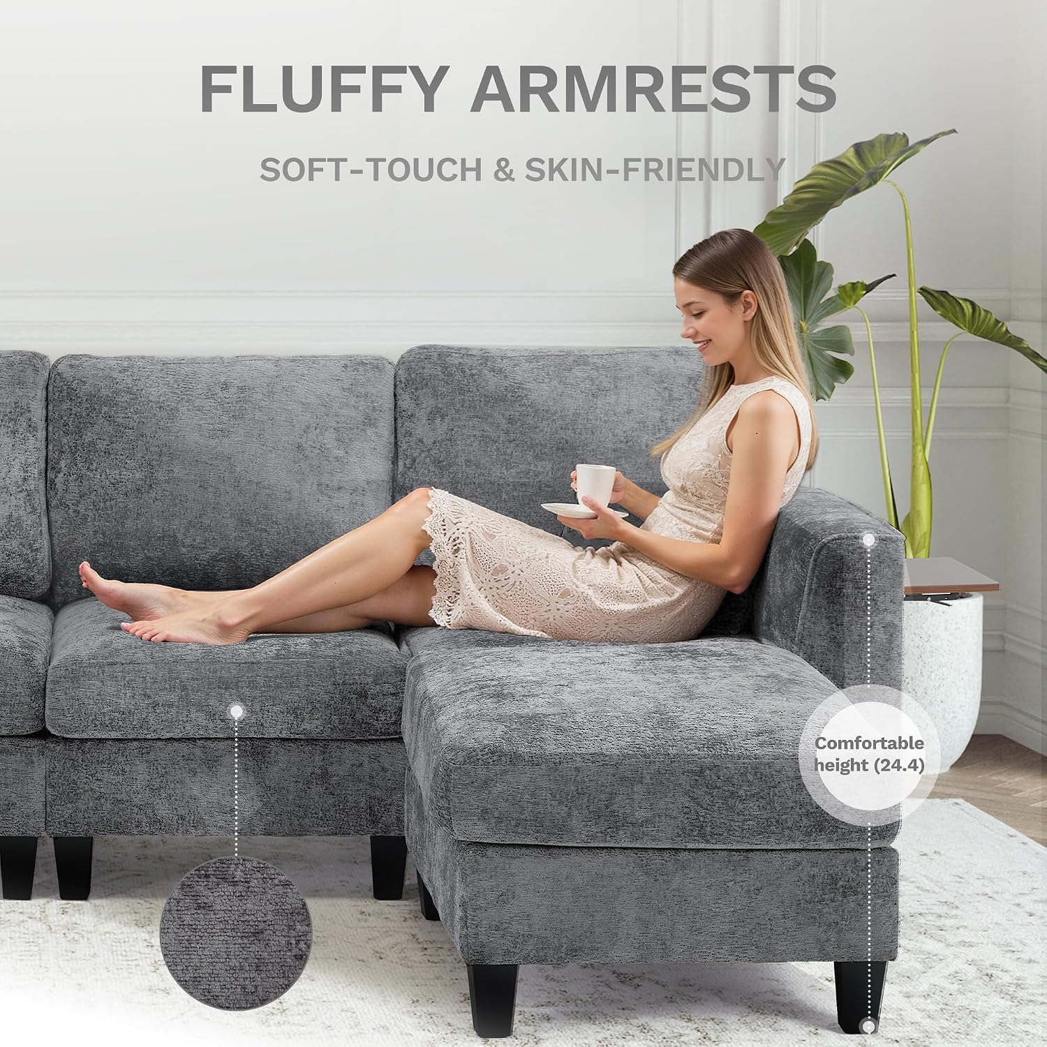 MALOL 118' U-Shaped Sectional Couch, 4-Seat Modular Sofa with USB Type C Ports, 2 Ottomans and Foldable Side Table, Grey for Living Room