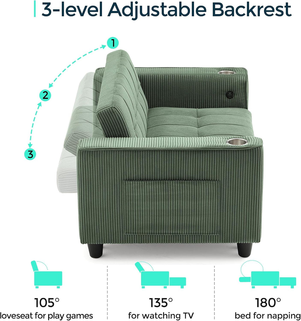 LINSY 54' Pull Out Couch with Charging Station - Sleeper Sofa Bed with Cup Holder, Small 3 in 1 Convertible Loveseat Sleeper Couch for Apartment, Dorm Room, Bedroom and Small Space, Olive Green