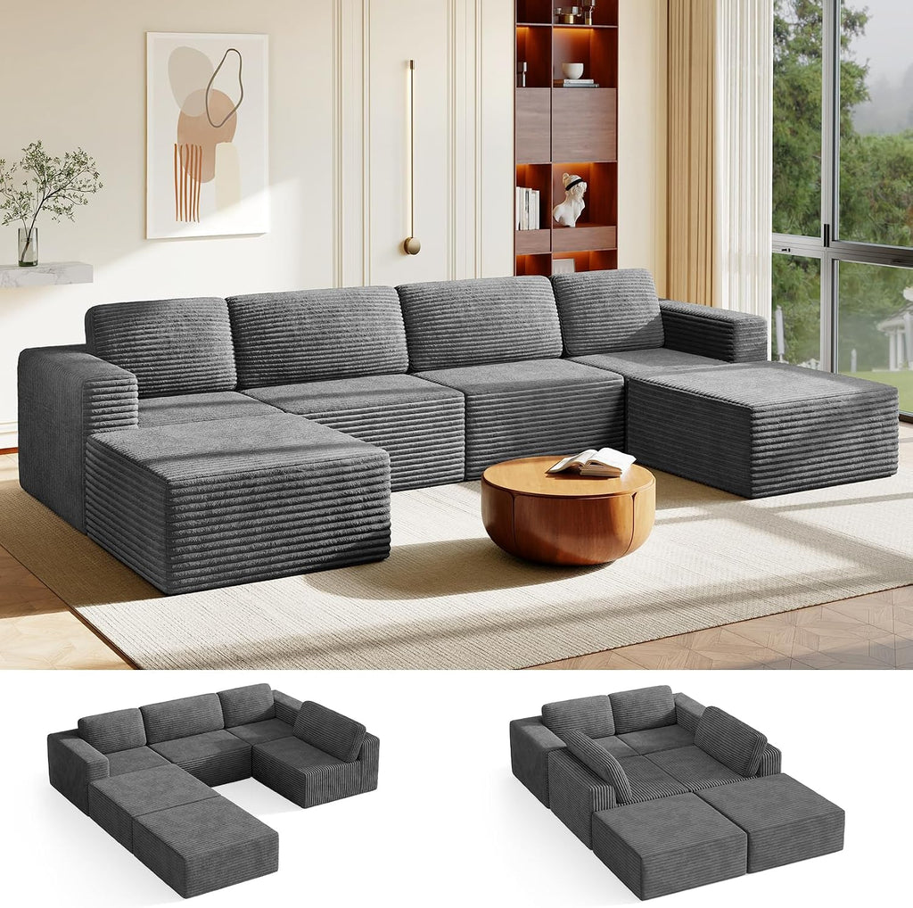 Vesgantti 159' Large Modular Sectional Sofa, U-Shaped Corduroy Cloud Couch with Deep Seats & Spring Support, 4-Seater Boneless Sofa with 2 Movable Ottomans, No Assembly Needed, Grey