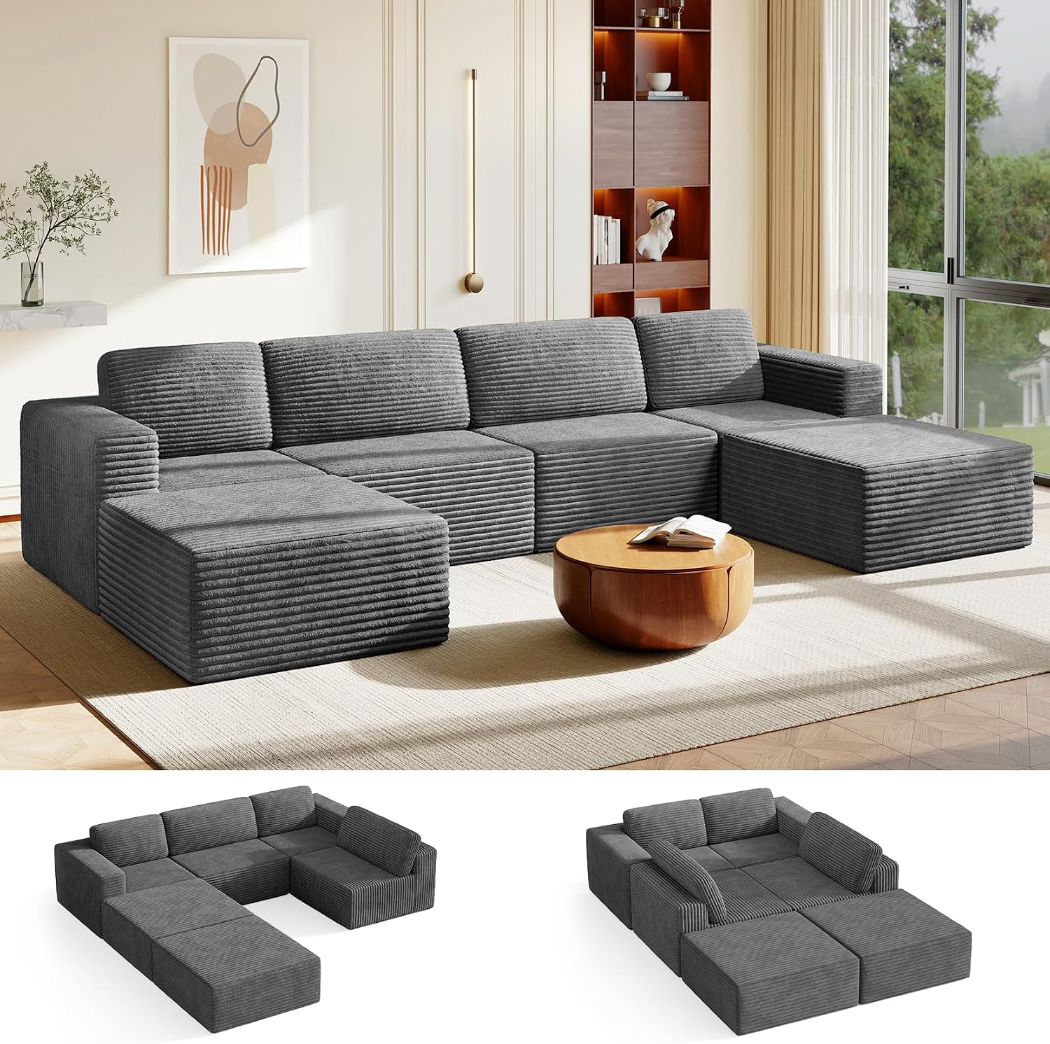 Vesgantti 159' Large Modular Sectional Sofa, U-Shaped Corduroy Cloud Couch with Deep Seats & Spring Support, 4-Seater Boneless Sofa with 2 Movable Ottomans, No Assembly Needed, Grey