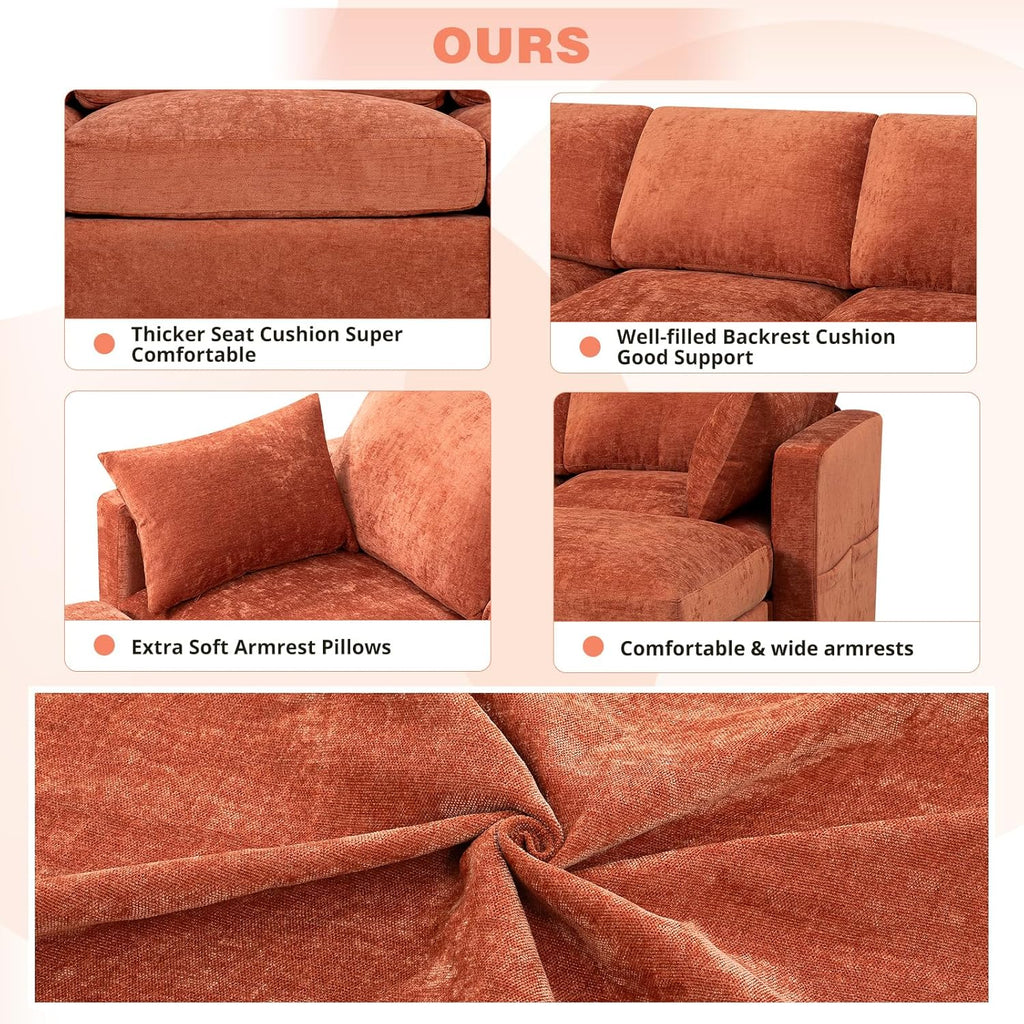 84' Chenille 3 Seater Sofa W/Movable Ottoman, Modern Fabric L-Shaped Couch w/Soft Backrests, Upholstered Sectional Sofa w/Arm Pillows for Living Room, Office, Orange