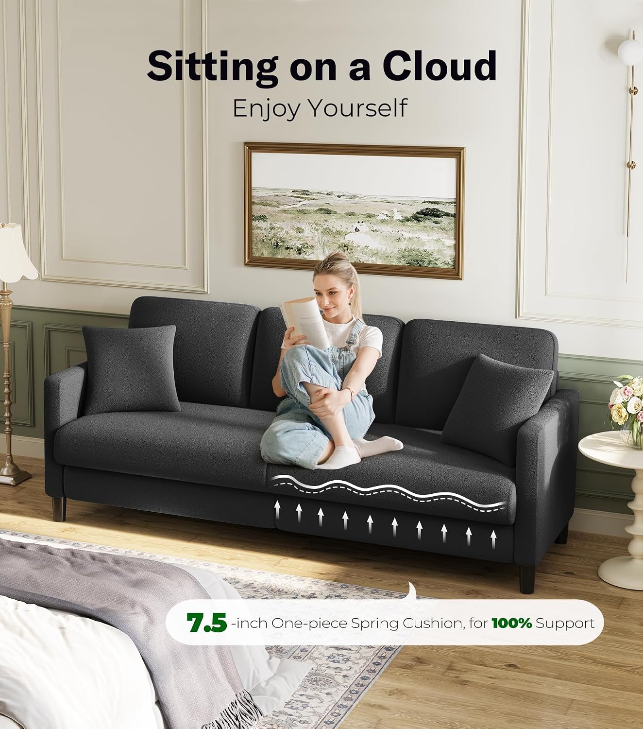 Welzona Teddy Sofa Couch, 83' Comfy Couches for Living Room, Classic Grey | 22' Extra Deep Seat, Tool-Free Sofas, All-Wood Loveseat, 2 Pillows Included, 850lbs Load-bearing