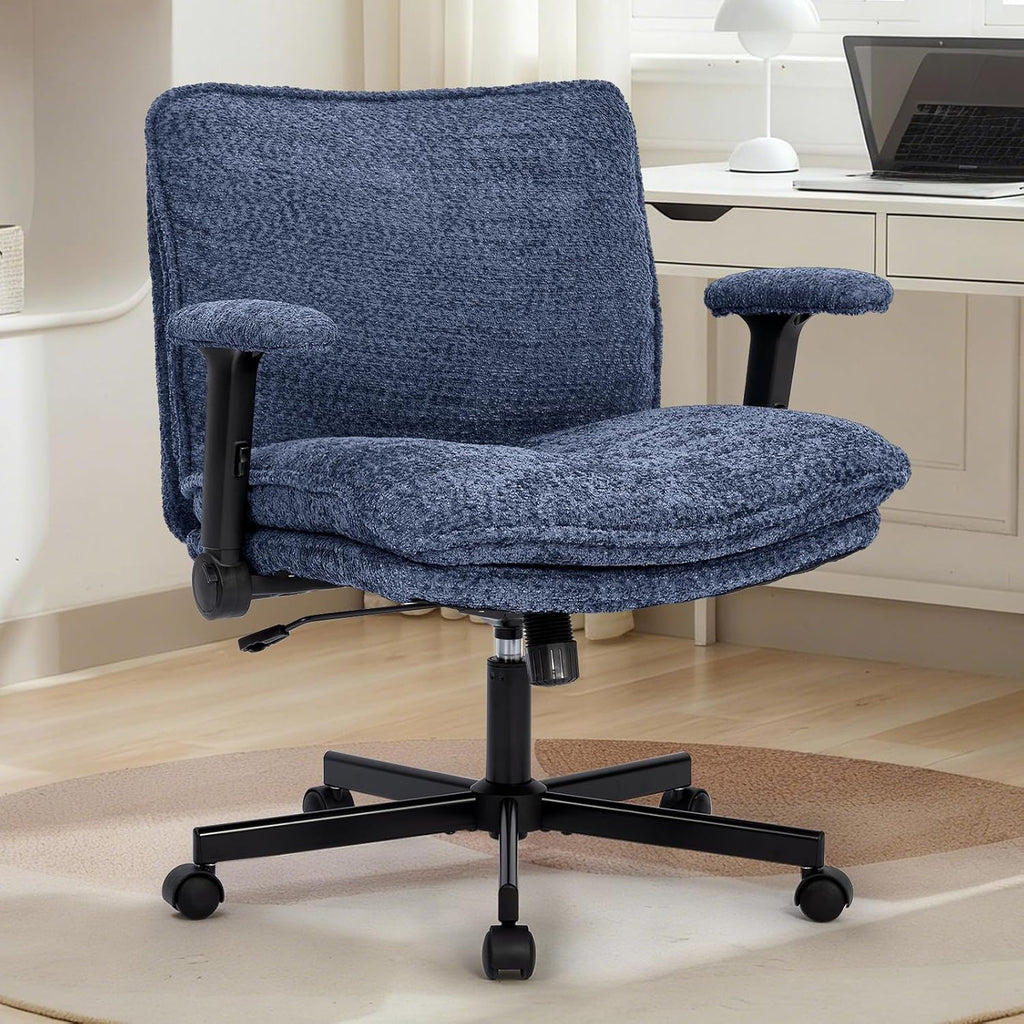 Kassipo Criss Cross Legged Office Chair with Wheels and Flip-Up Arms, Upholstered Criss Cross Desk Chair, Wide Seat Chairs for Home Office, Vanity, Apartment, Navy Blue
