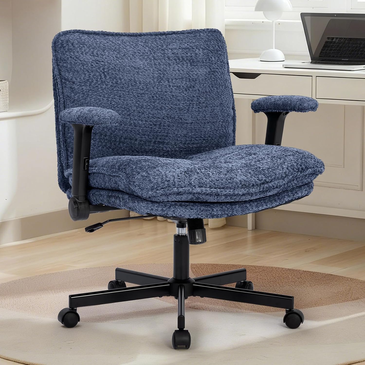 Kassipo Criss Cross Legged Office Chair with Wheels and Flip-Up Arms, Upholstered Criss Cross Desk Chair, Wide Seat Chairs for Home Office, Vanity, Apartment, Navy Blue