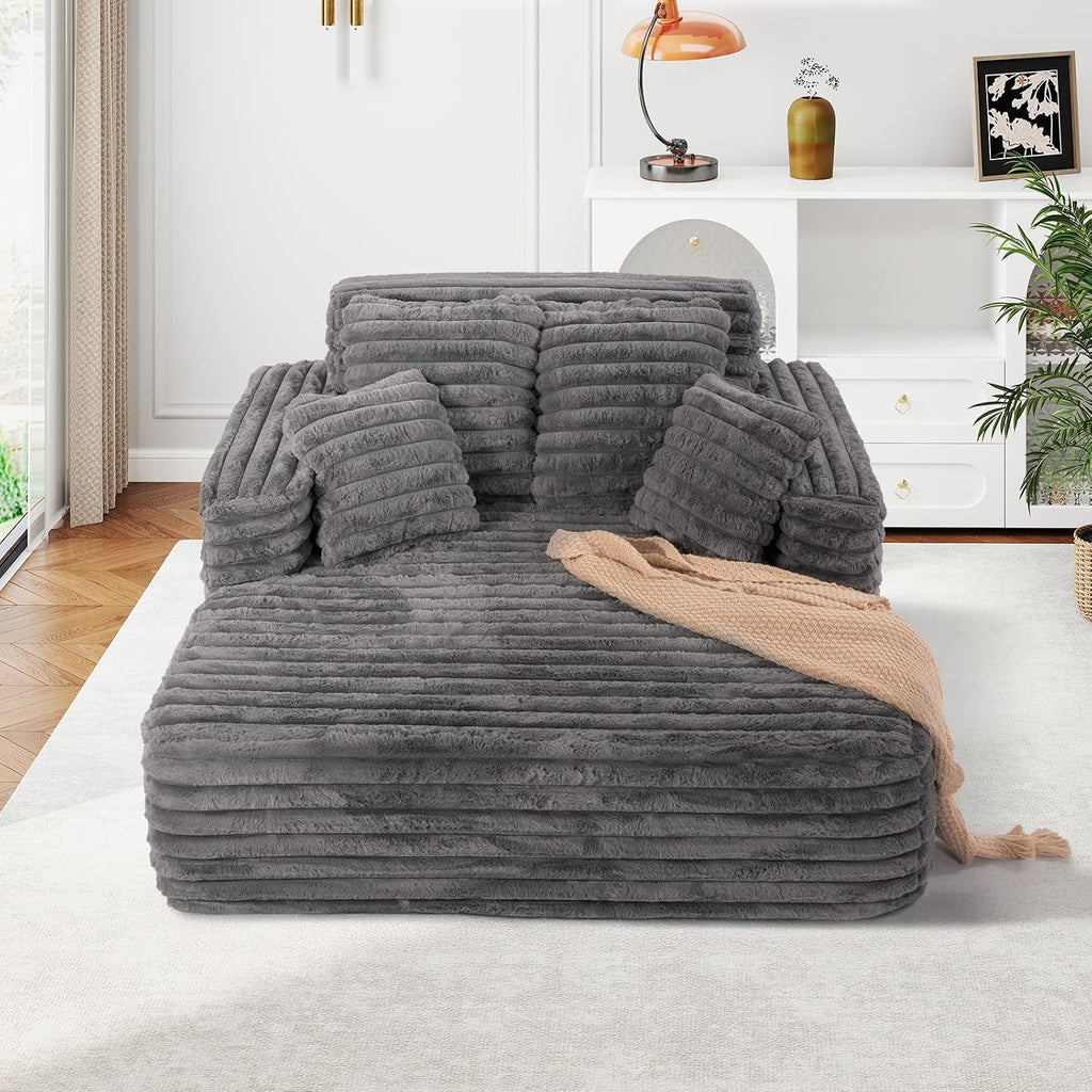 JEEOHEY 56' Oversized Chaise Lounge Chair Indoor,Plush Faux Fur Sleeper Sofa Couch Bed with Pillows&Wide Armrests,Fluffy Comfy Cloud Couch,Compression Foam Couch for Living Room,Bedroom(Grey)