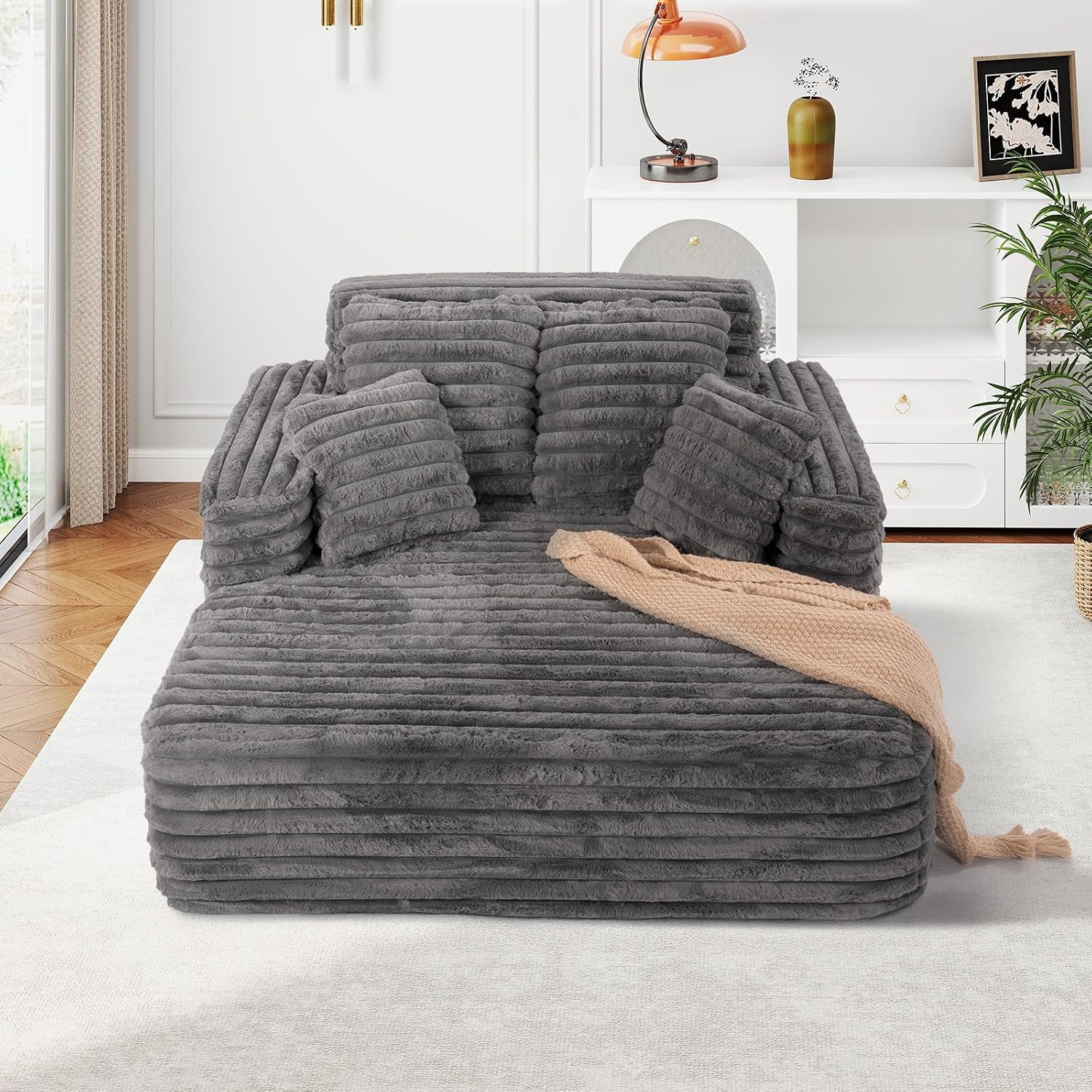 JEEOHEY 56' Oversized Chaise Lounge Chair Indoor,Plush Faux Fur Sleeper Sofa Couch Bed with Pillows&Wide Armrests,Fluffy Comfy Cloud Couch,Compression Foam Couch for Living Room,Bedroom(Grey)