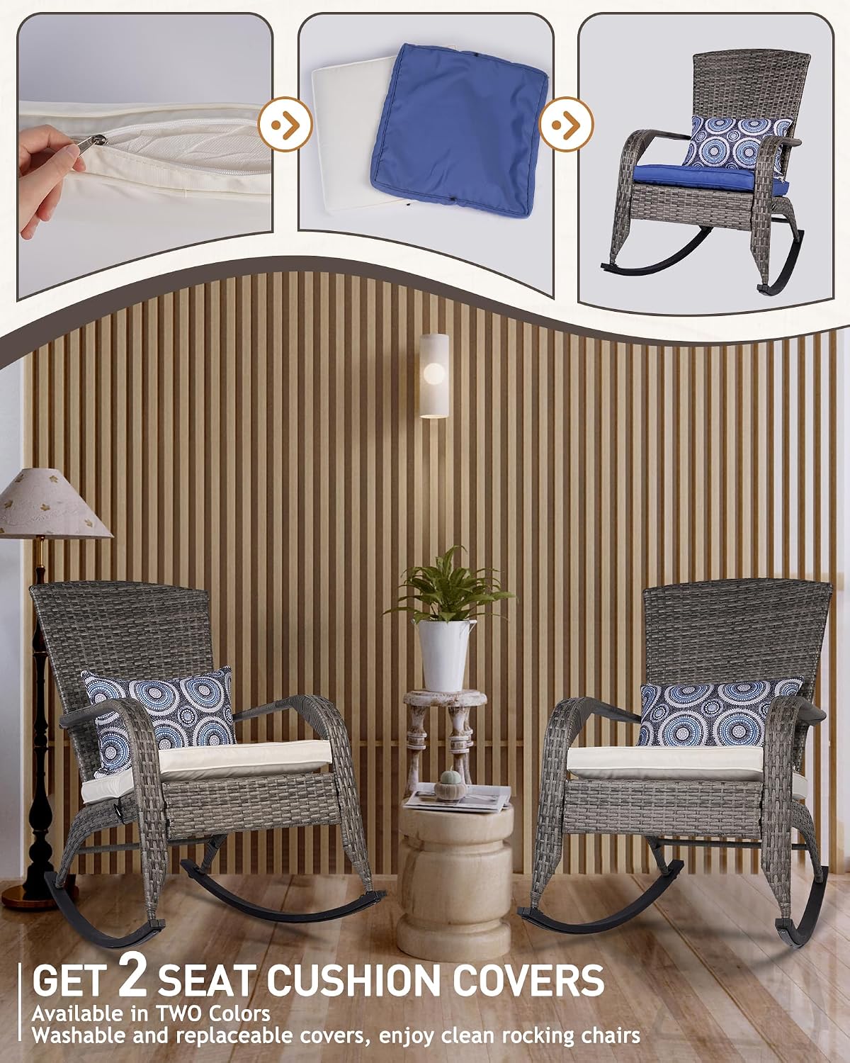 Outdoor Rocking Chairs Set of 2, Patio Rattan Rocker Chairs with Cushions & Steel Frame, All Weather Porch Rocking Chairs for Garden, Backyard, Poolside (Grey Rattan & Beige Cushion, 320lbs)